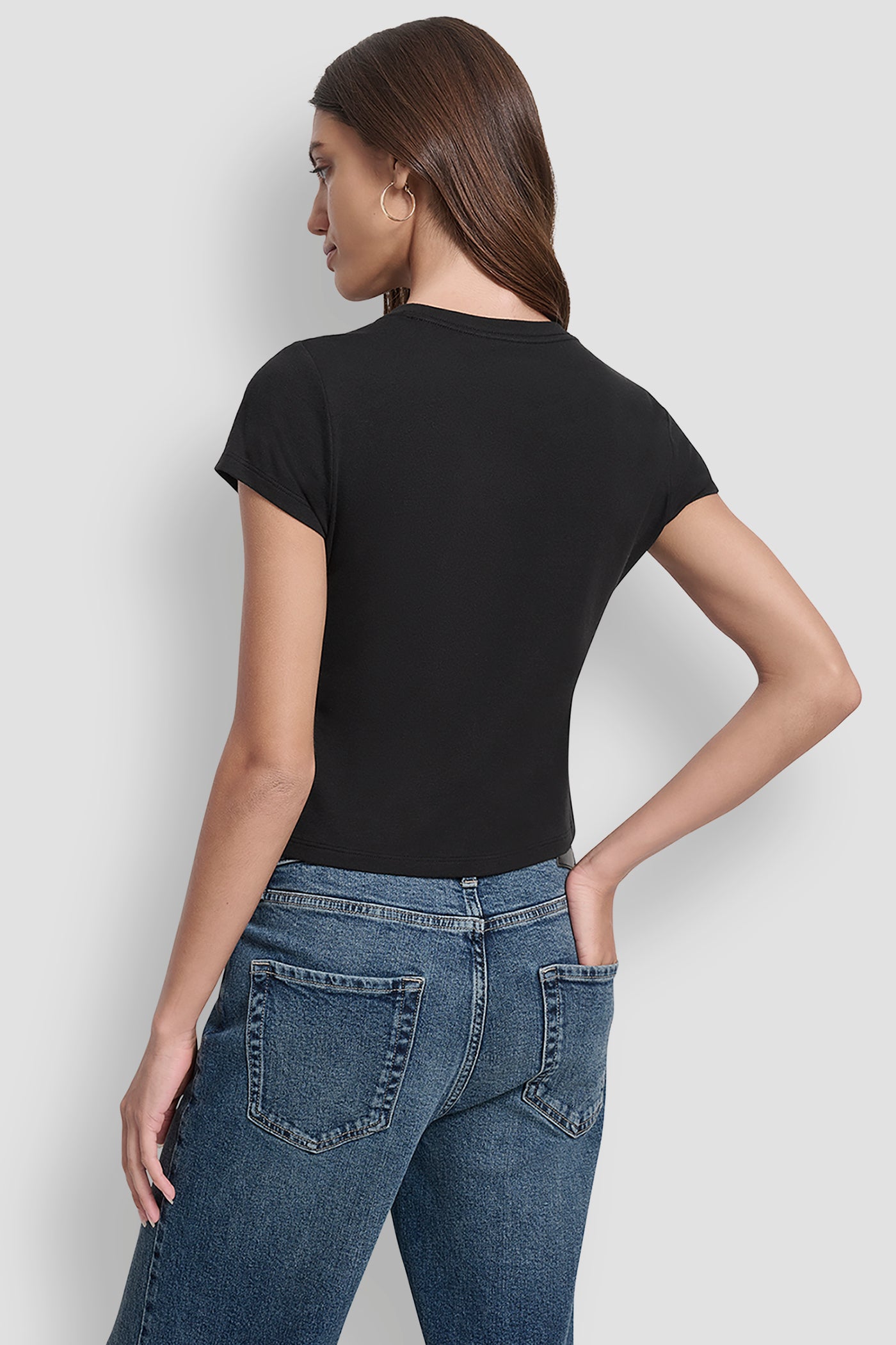 BLACK/LIGHT GOLD SEQUIN DKNY JEANS FOIL TYPE LOGO FITTED BABY TEE, BACK VIEW | New Arrivals