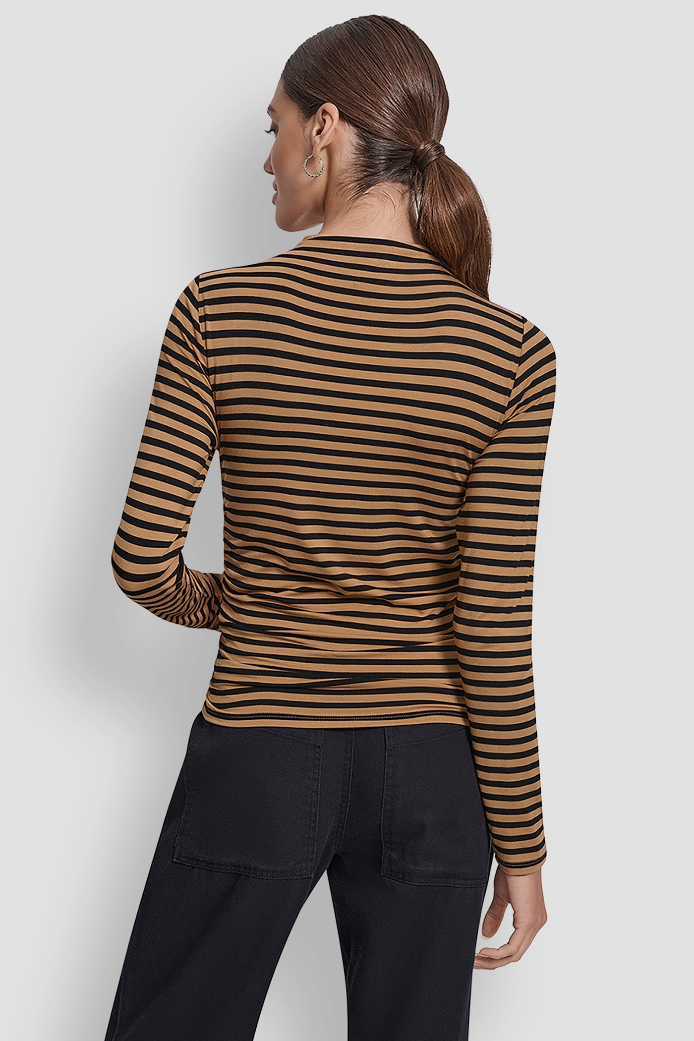 WHISKEY/BLACK/PEWTER SIDE RUCHED HIGH NECK LONG SLEEVE TOP WITH RHINESTONE, BACK VIEW | WOMEN'S SWEATERS & TOPS