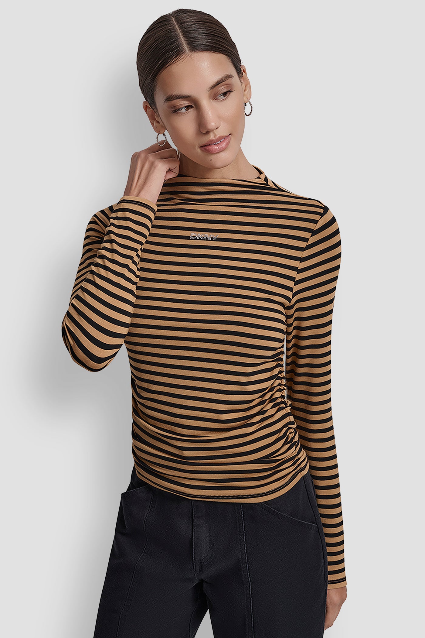 WHISKEY/BLACK/PEWTER SIDE RUCHED HIGH NECK LONG SLEEVE TOP WITH RHINESTONE, FRONT VIEW | WOMEN'S SWEATERS & TOPS