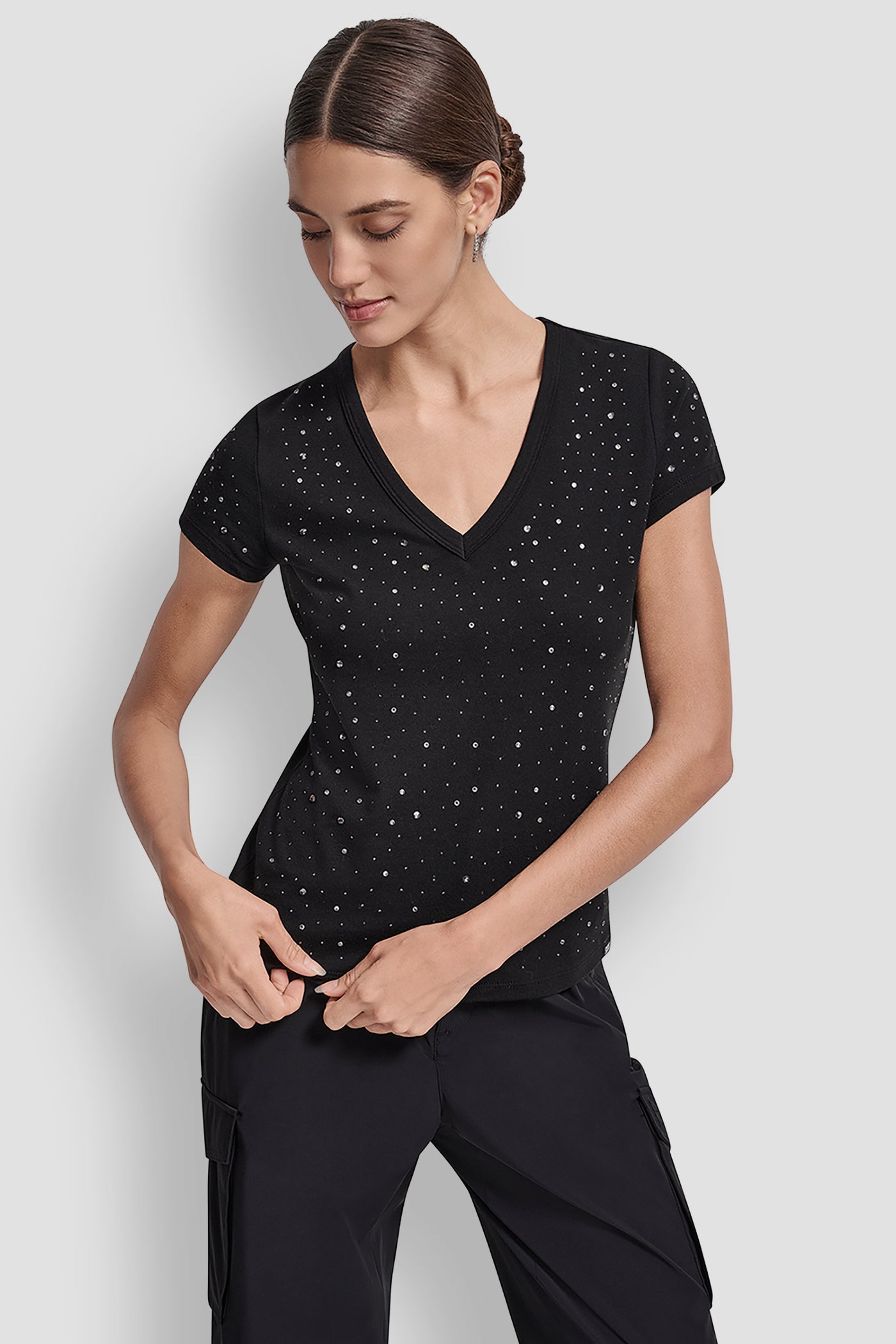 BLACK/SMOKE SILVER SCATTERED MULTI STUDS EMBELLISHED CAP SLEEVE FITTED, FRONT VIEW | New Arrivals