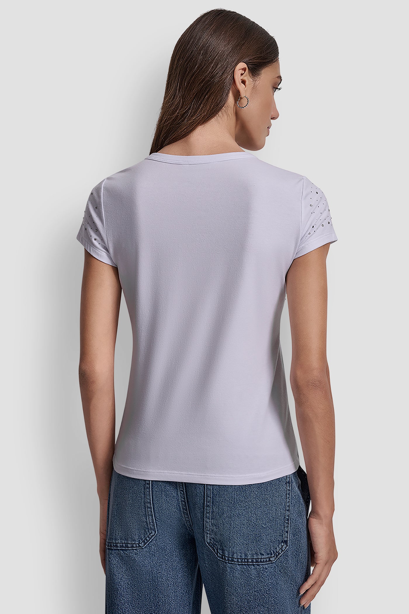 WHITE/CLEAR/ SILVER SCATTERED MULTI STUDS EMBELLISHED CAP SLEEVE FITTED, BACK VIEW | New Arrivals