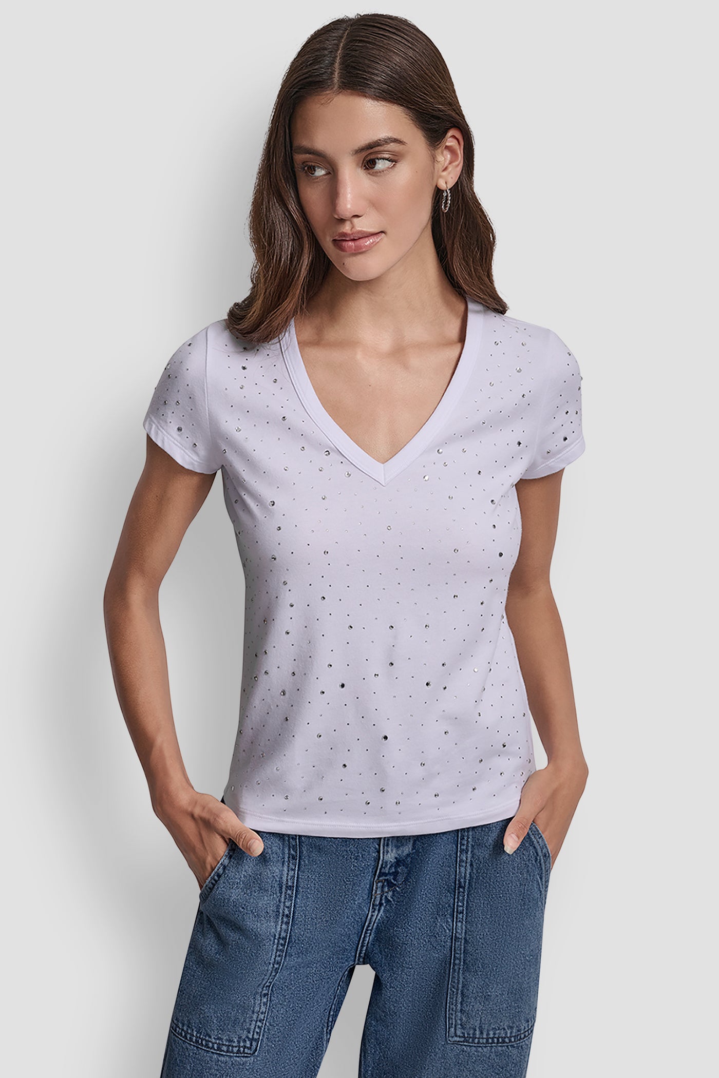 WHITE/CLEAR/ SILVER SCATTERED MULTI STUDS EMBELLISHED CAP SLEEVE FITTED, FRONT VIEW | New Arrivals