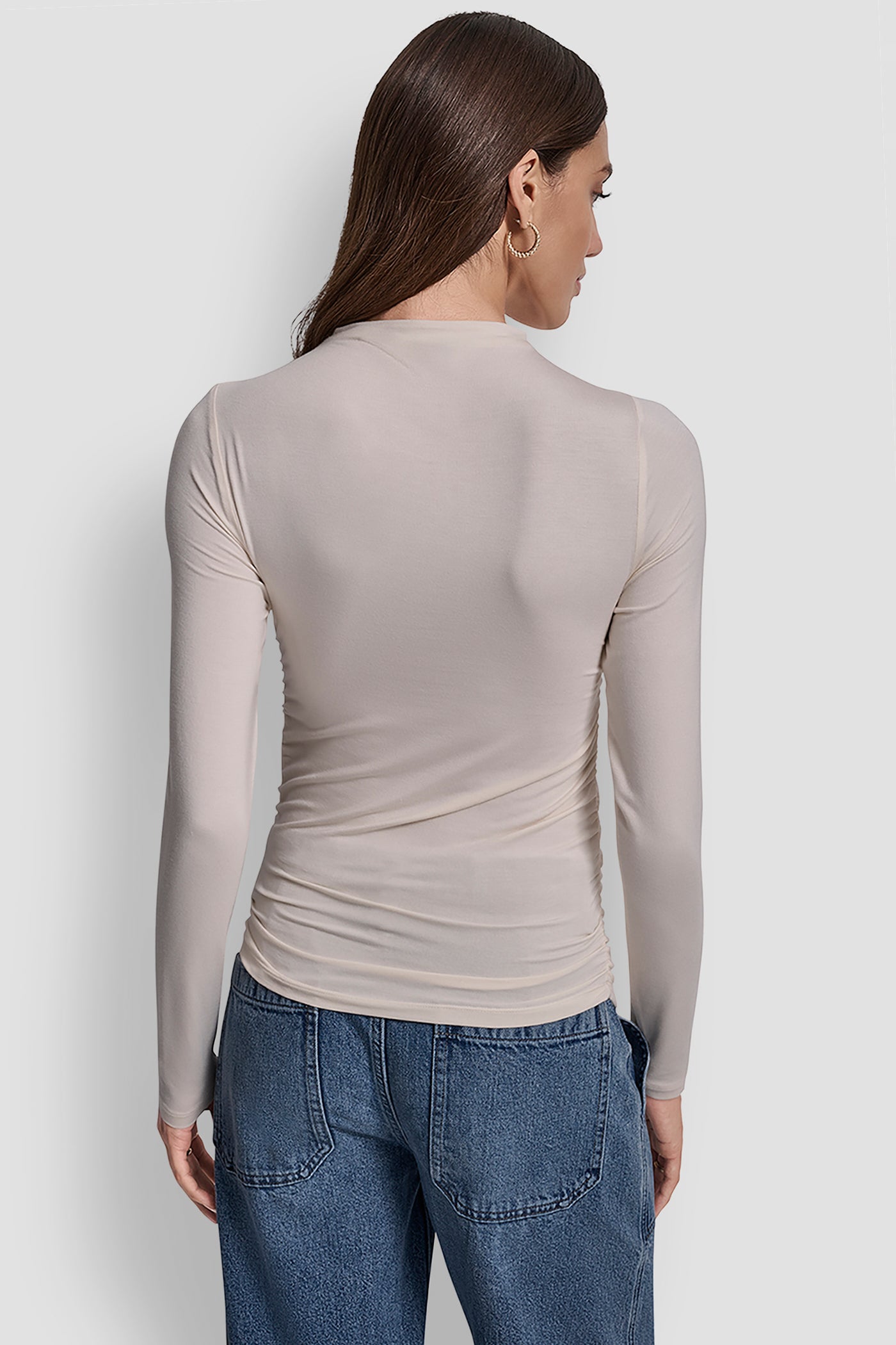EGGNOG/CHAMPAGNE SIDE RUCHED HIGH NECK LONG SLEEVE TOP WITH RHINESTONE, BACK VIEW | New Arrivals