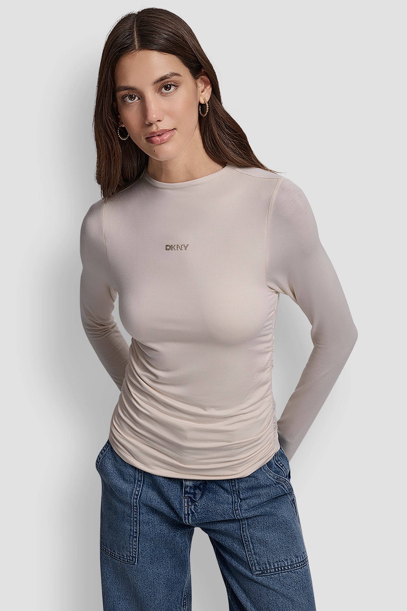 EGGNOG/CHAMPAGNE SIDE RUCHED HIGH NECK LONG SLEEVE TOP WITH RHINESTONE, FRONT VIEW | New Arrivals
