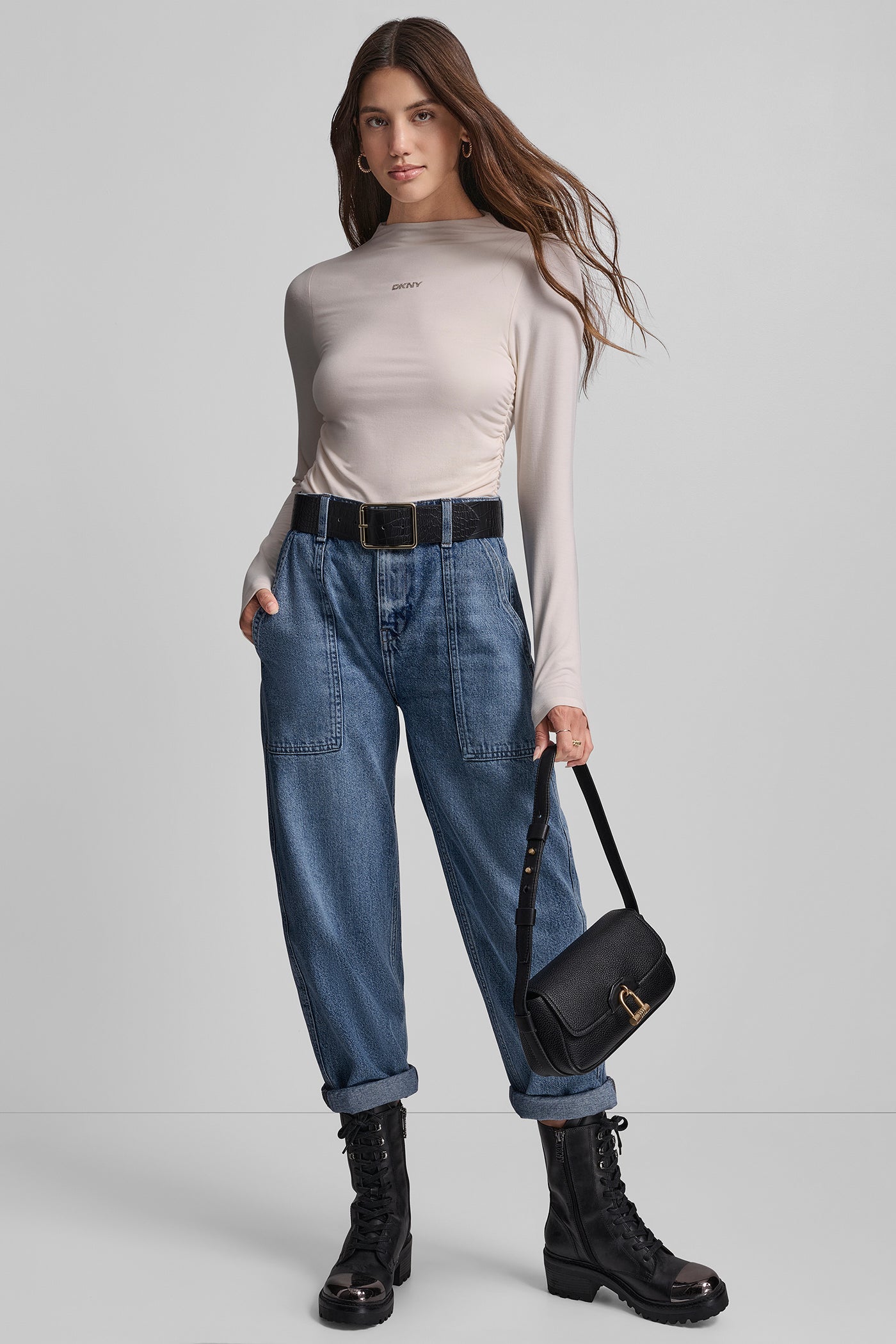 SIDE RUCHED HIGH NECK LONG SLEEVE TOP WITH RHINESTONE VIEW 6 | WOMEN'S SWEATERS & TOPS