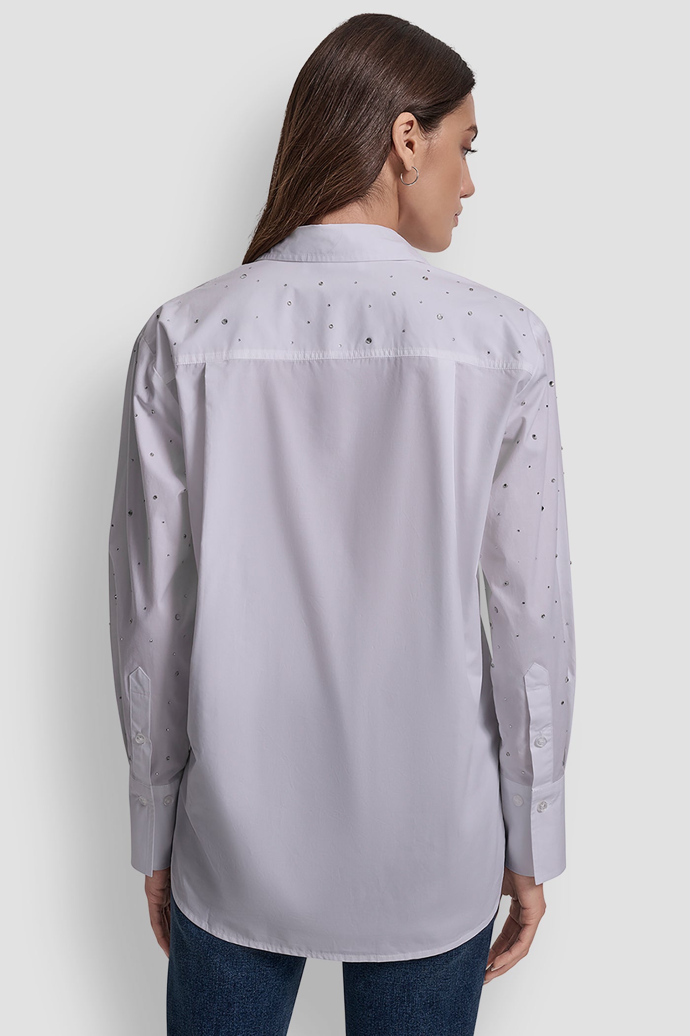 WHITE LONG SLEEVE POPLIN BUTTON FRONT SHIRT WITH RHINESTONE, BACK VIEW | New Arrivals