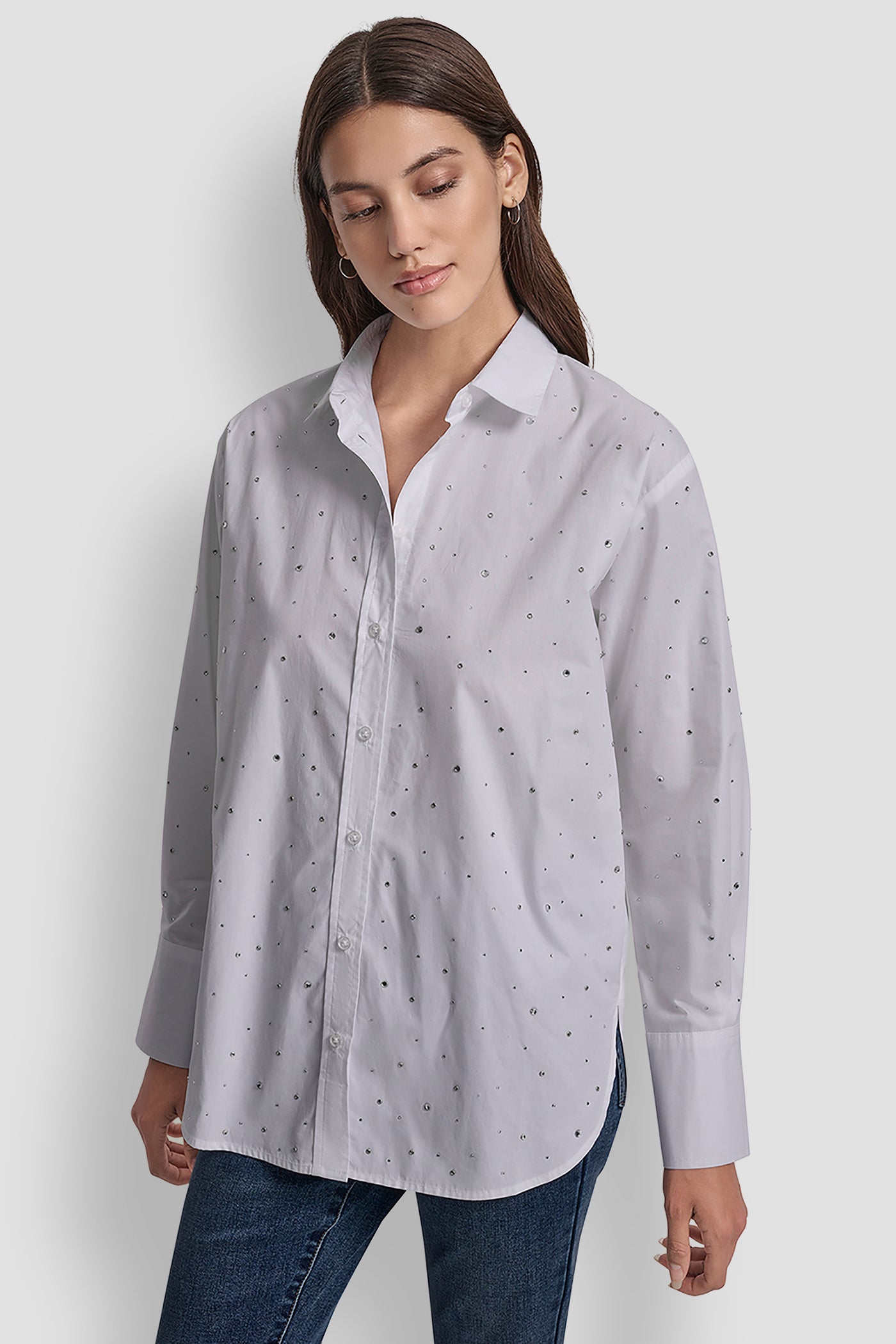 WHITE LONG SLEEVE POPLIN BUTTON FRONT SHIRT WITH RHINESTONE, FRONT VIEW | New Arrivals