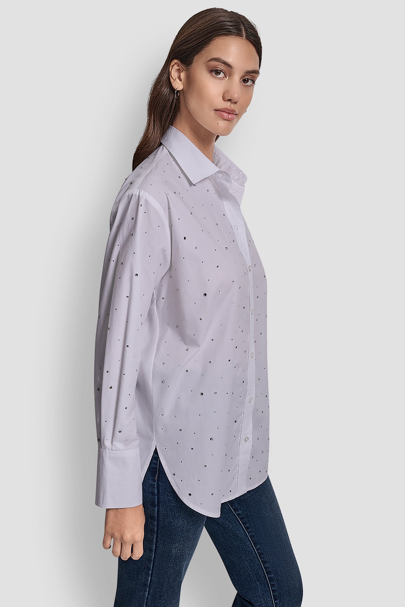 LONG SLEEVE POPLIN BUTTON FRONT SHIRT WITH RHINESTONE VIEW 3 | WOMEN'S SWEATERS & TOPS