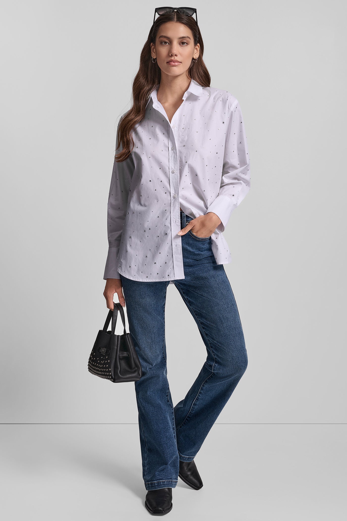 LONG SLEEVE POPLIN BUTTON FRONT SHIRT WITH RHINESTONE VIEW 5 | WOMEN'S SWEATERS & TOPS