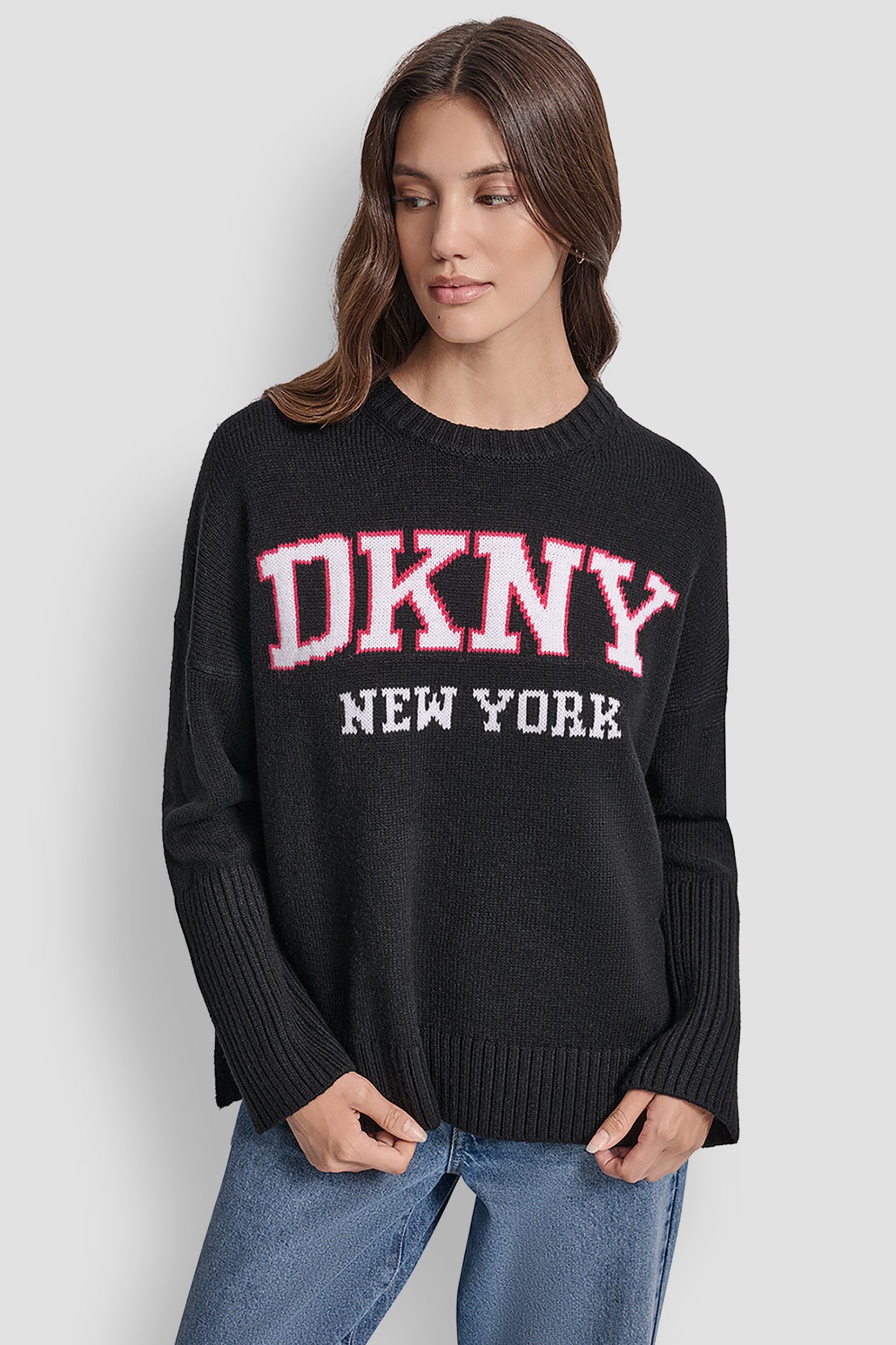BLACK/DUSTY MAUVE VARSITY LOGO INTARSIA CREW NECK RELAXED SWEATER, VIEW 1 | All Products