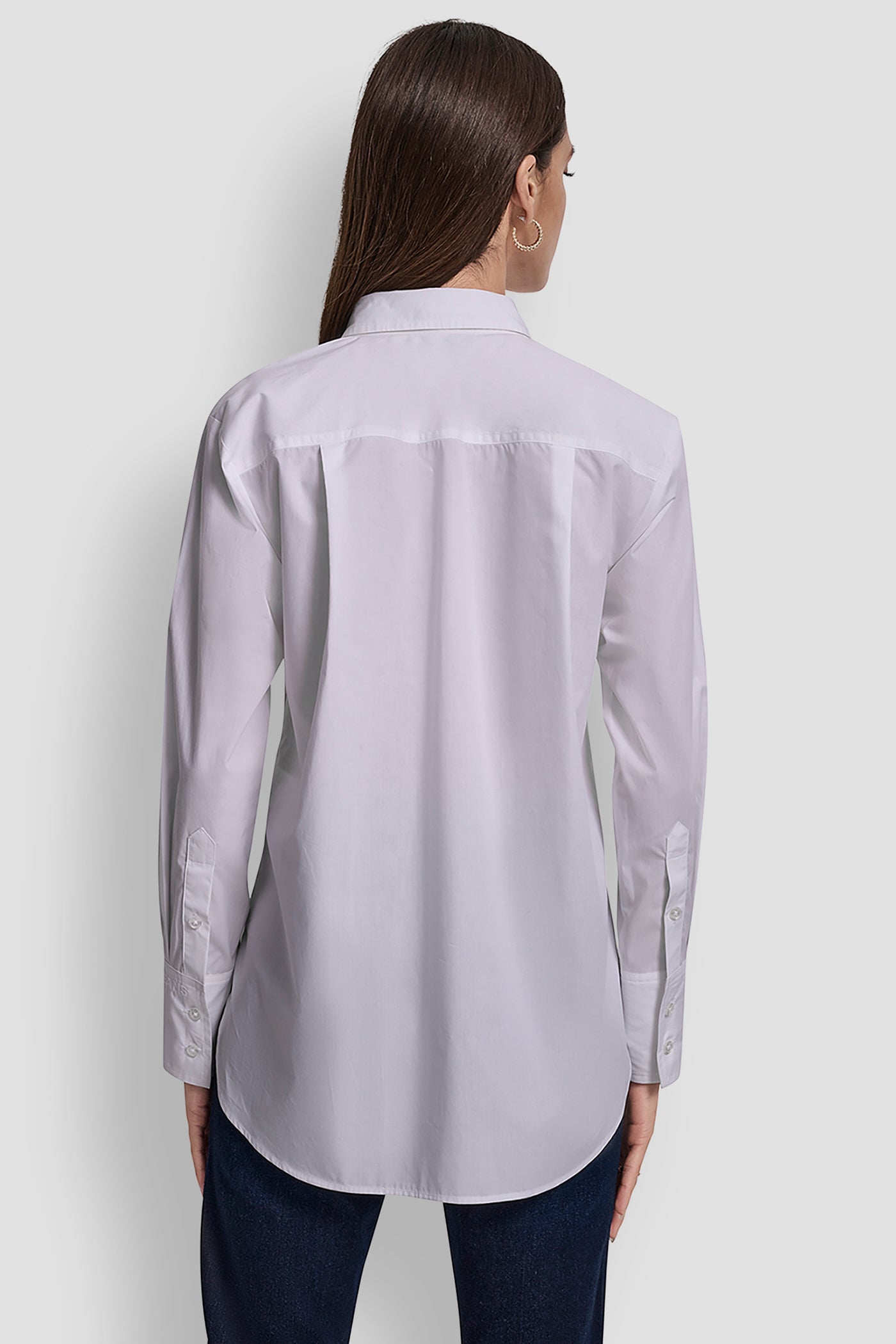 WHITE LONG SLEEVE PLEAT FRONT TUXEDO SHIRT, BACK VIEW | WOMEN'S SWEATERS & TOPS