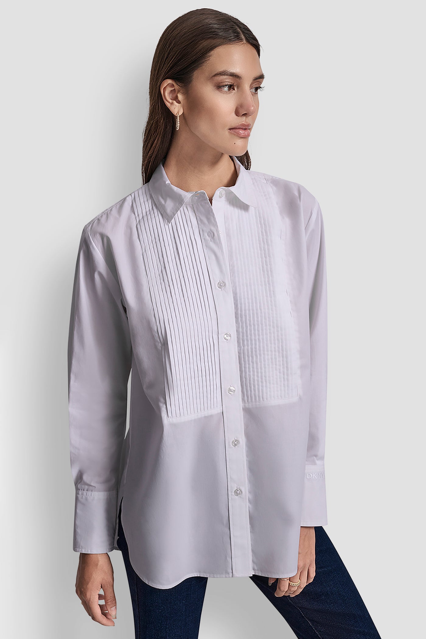 WHITE LONG SLEEVE PLEAT FRONT TUXEDO SHIRT, FRONT VIEW | WOMEN'S SWEATERS & TOPS