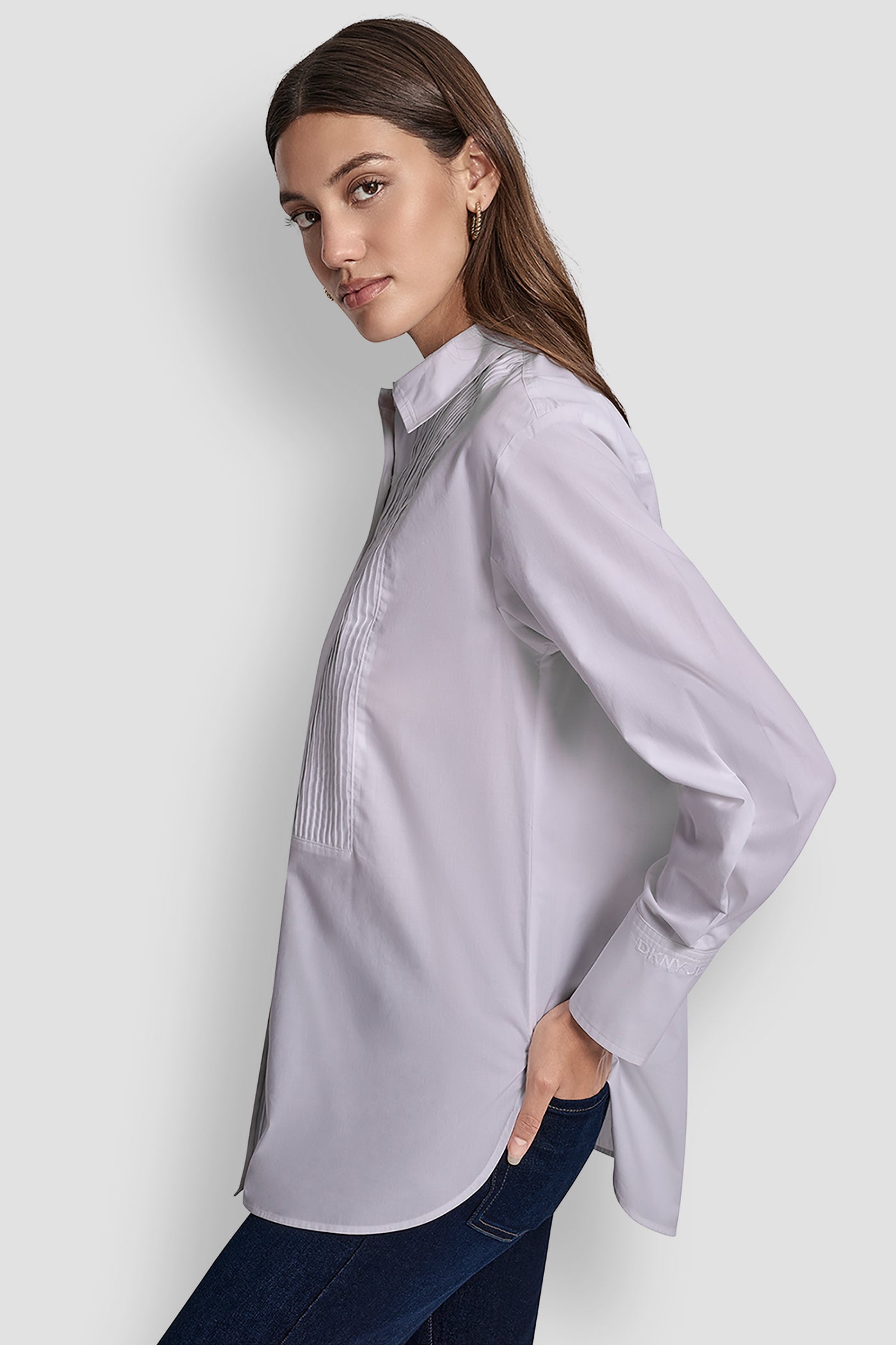 LONG SLEEVE PLEAT FRONT TUXEDO SHIRT VIEW 3 | WOMEN'S SWEATERS & TOPS