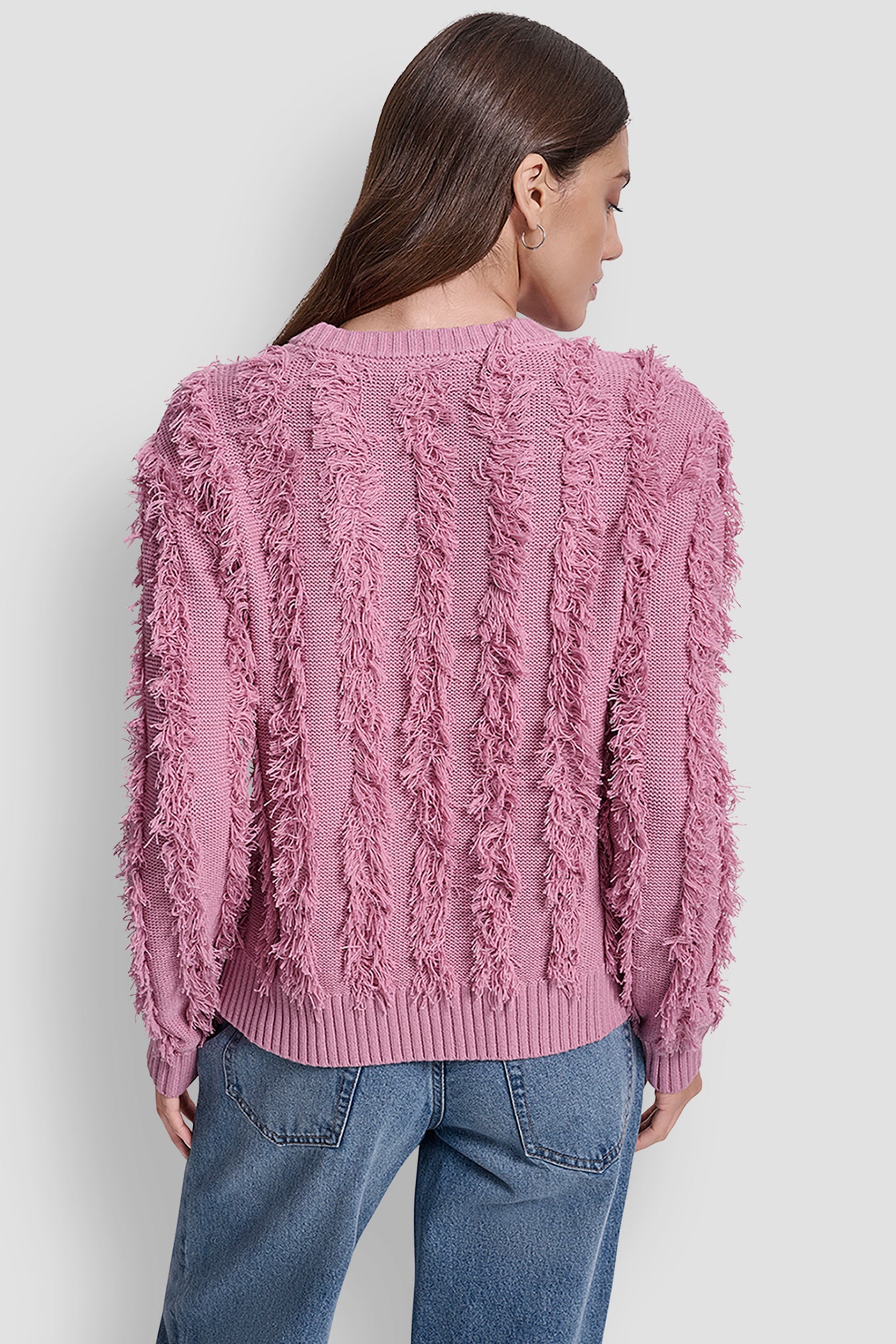 DUSTY MAUVE LONG SLEEVE CREW NECK WITH FRINGE STITCHING, BACK VIEW | DKNY JEANS