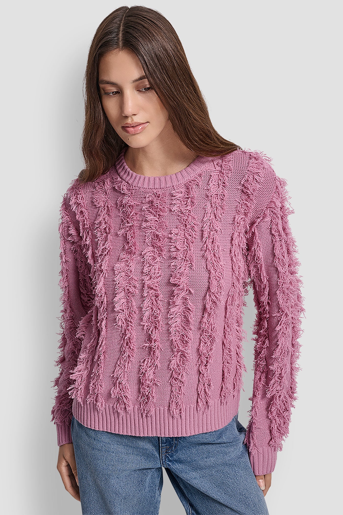 DUSTY MAUVE LONG SLEEVE CREW NECK WITH FRINGE STITCHING, FRONT VIEW | DKNY JEANS