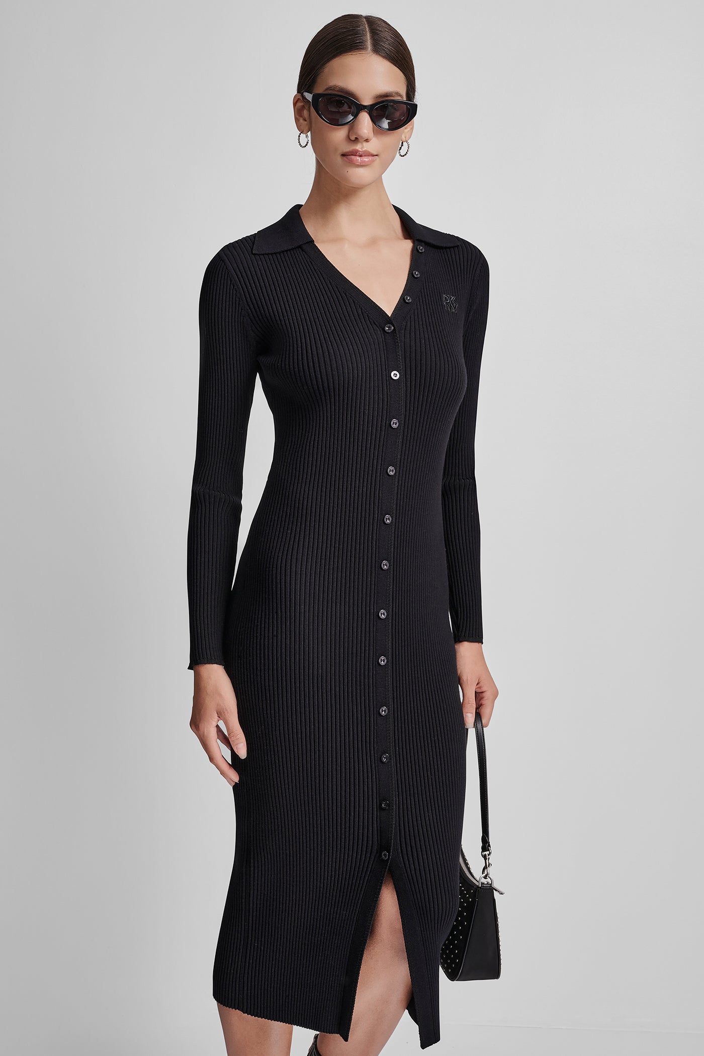 LONG SLEEVE RIB POLO MIDI DRESS WITH BRIGHT RAYON VIEW 5 | New Arrivals