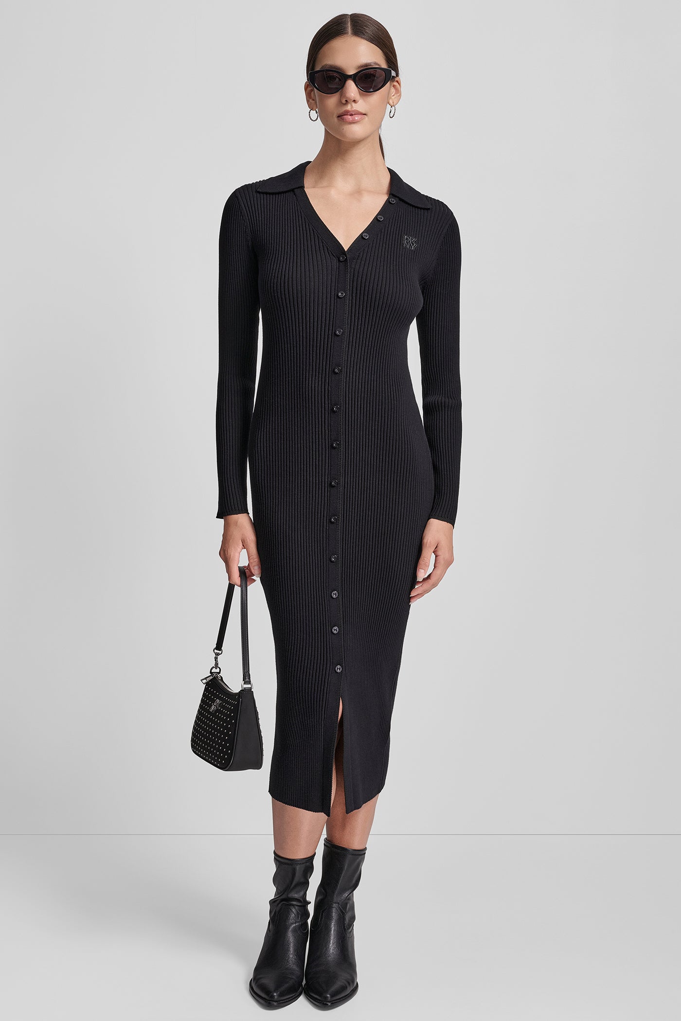 Black LONG SLEEVE RIB POLO MIDI DRESS WITH BRIGHT RAYON, VIEW 1 | New Arrivals