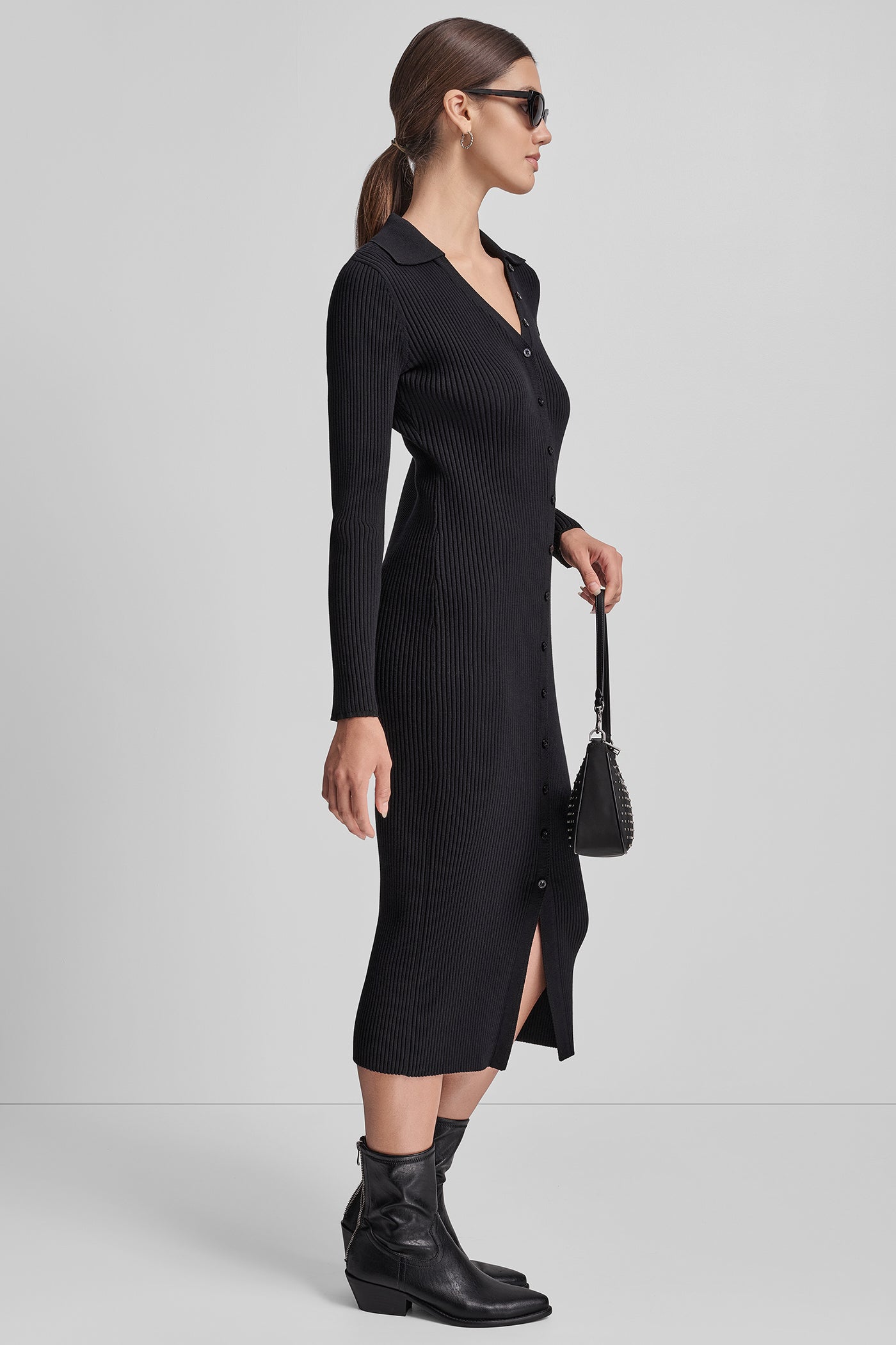 LONG SLEEVE RIB POLO MIDI DRESS WITH BRIGHT RAYON VIEW 3 | New Arrivals