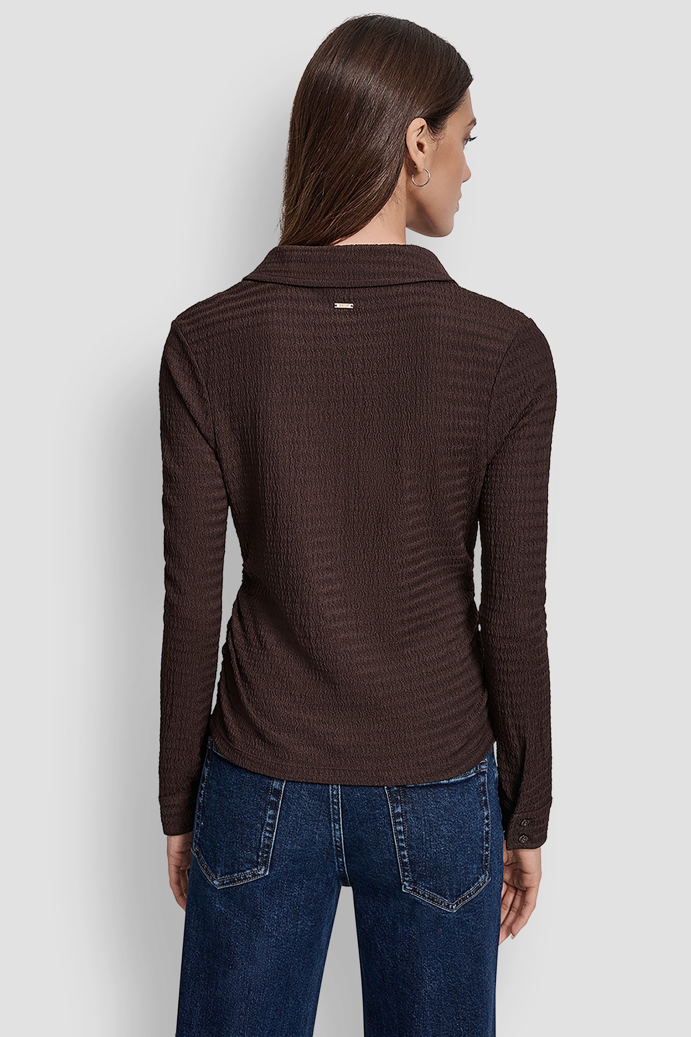 ESPRESSO RIPPLE LACE SLIM FIT SIDE RUCHED BUTTON FRONT SHIRT, BACK VIEW | New Arrivals