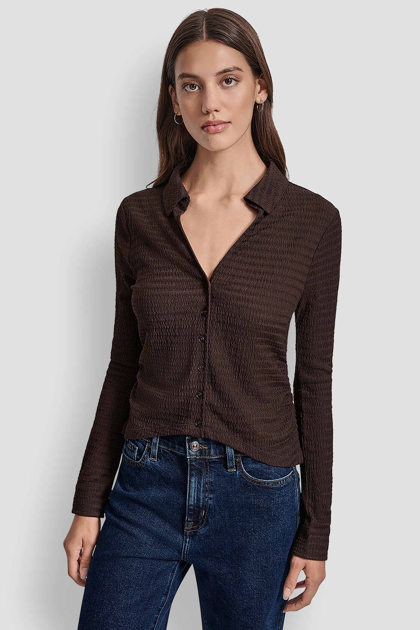 ESPRESSO RIPPLE LACE SLIM FIT SIDE RUCHED BUTTON FRONT SHIRT, FRONT VIEW | New Arrivals