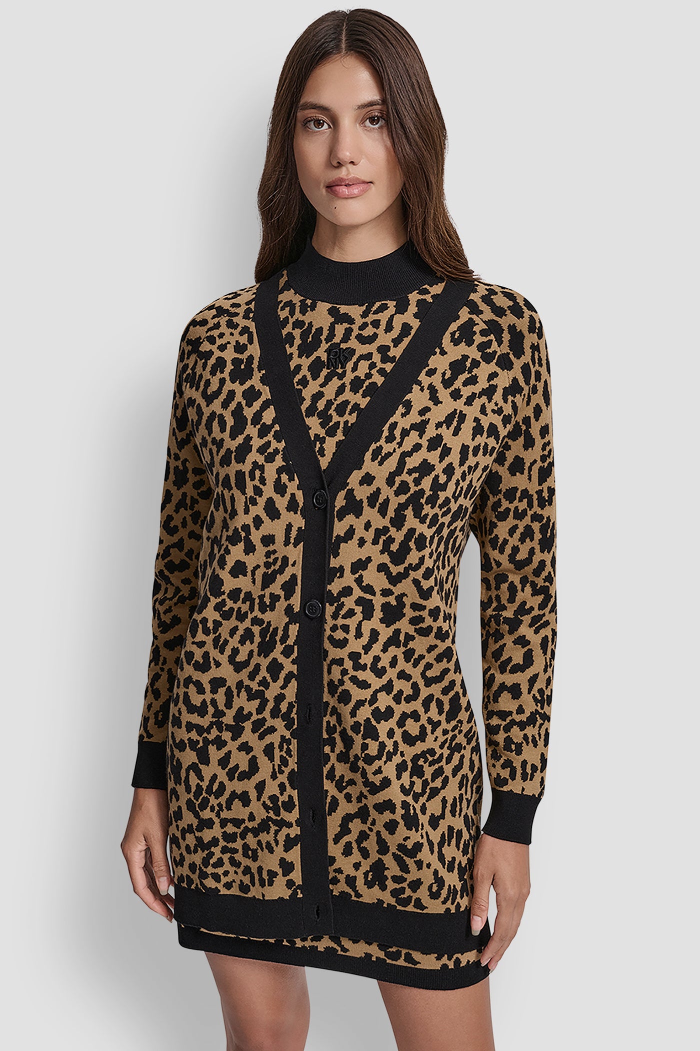 WHISKEY/BLACK LONG SLEEVE V-NECK CHEETAH JACQUARD CARDIGAN, FRONT VIEW | WOMEN'S SWEATERS & TOPS