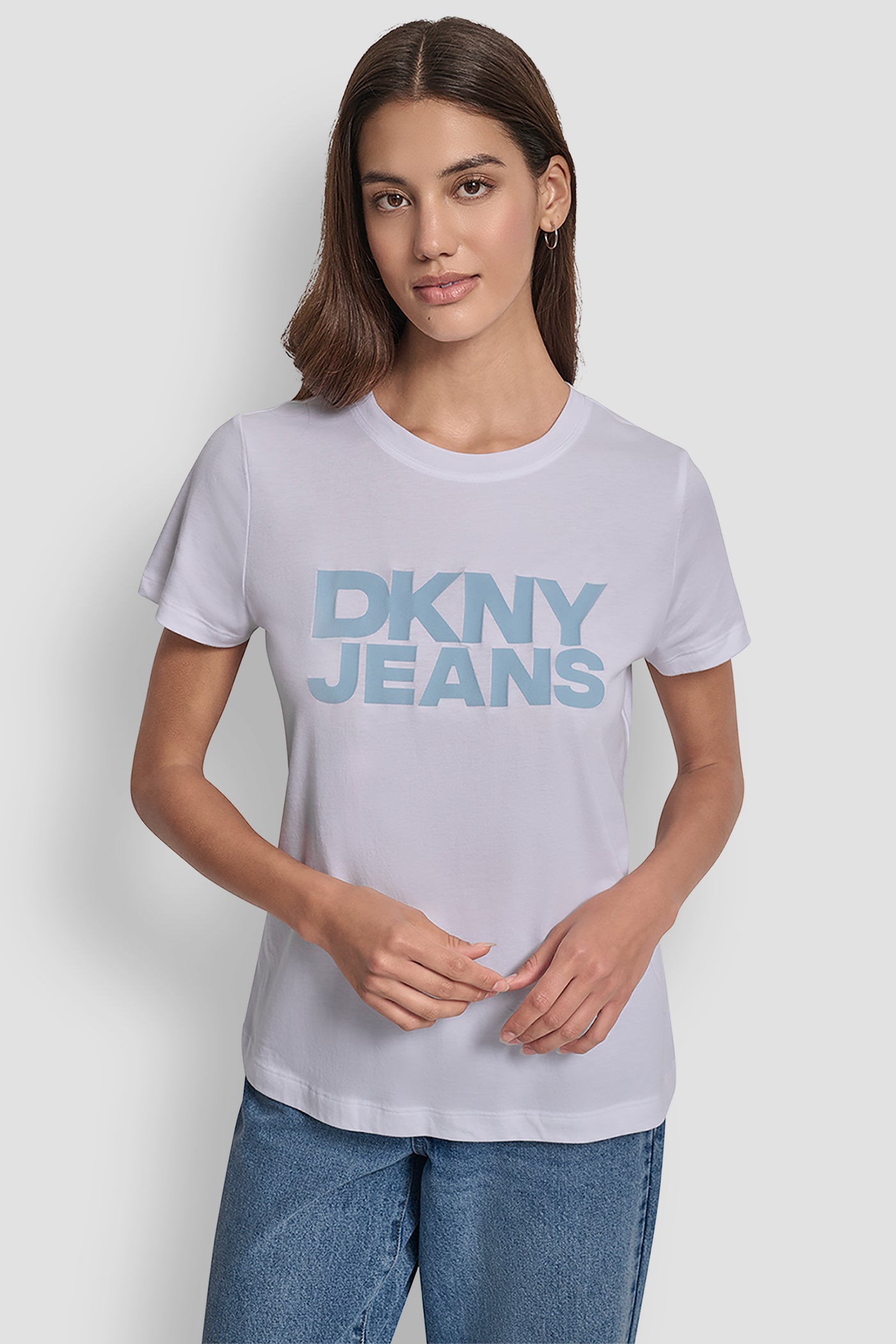 White/Frost Blue FLOCKED LOGO CREW NECK TEE, FRONT VIEW | DKNY Promo