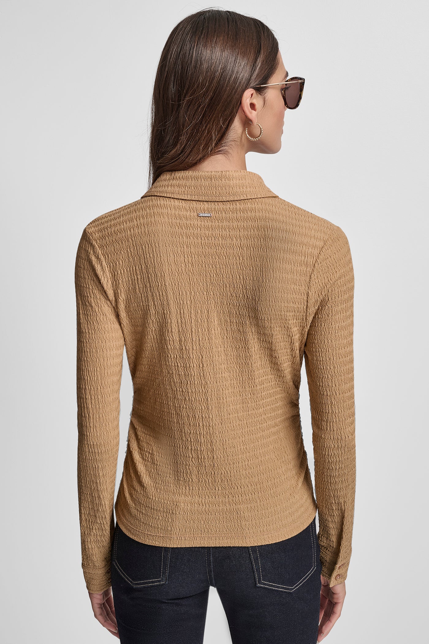 WHISKEY RIPPLE LACE SLIM FIT SIDE RUCHED BUTTON FRONT SHIRT, VIEW 2 | WOMEN'S SWEATERS & TOPS