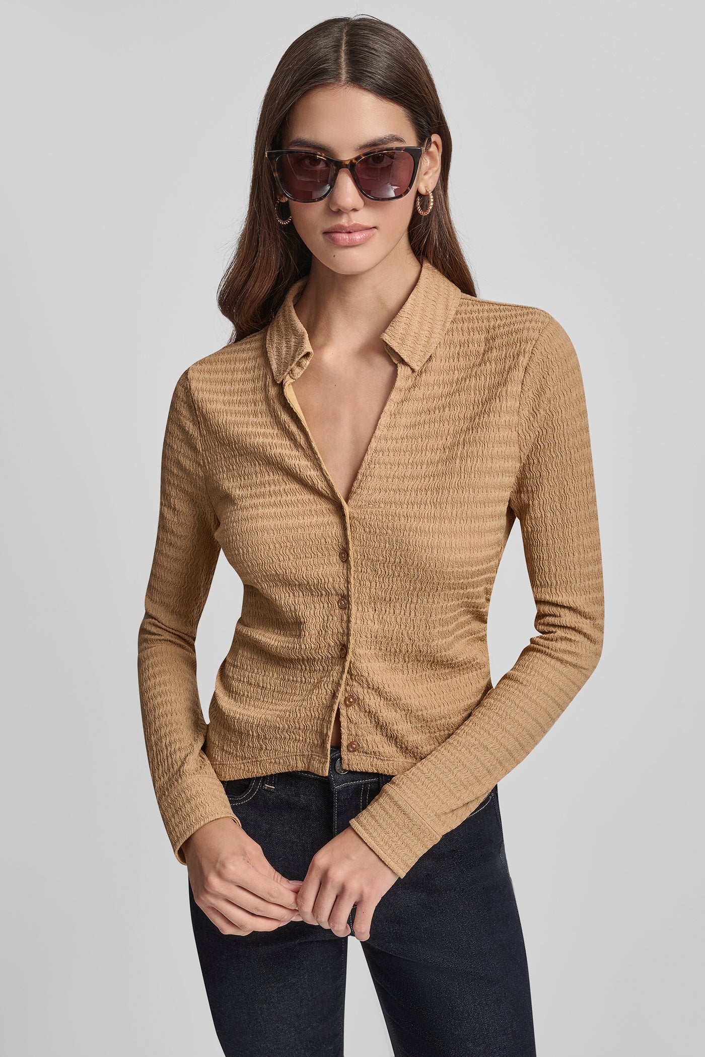 WHISKEY RIPPLE LACE SLIM FIT SIDE RUCHED BUTTON FRONT SHIRT, VIEW 1 | WOMEN'S SWEATERS & TOPS