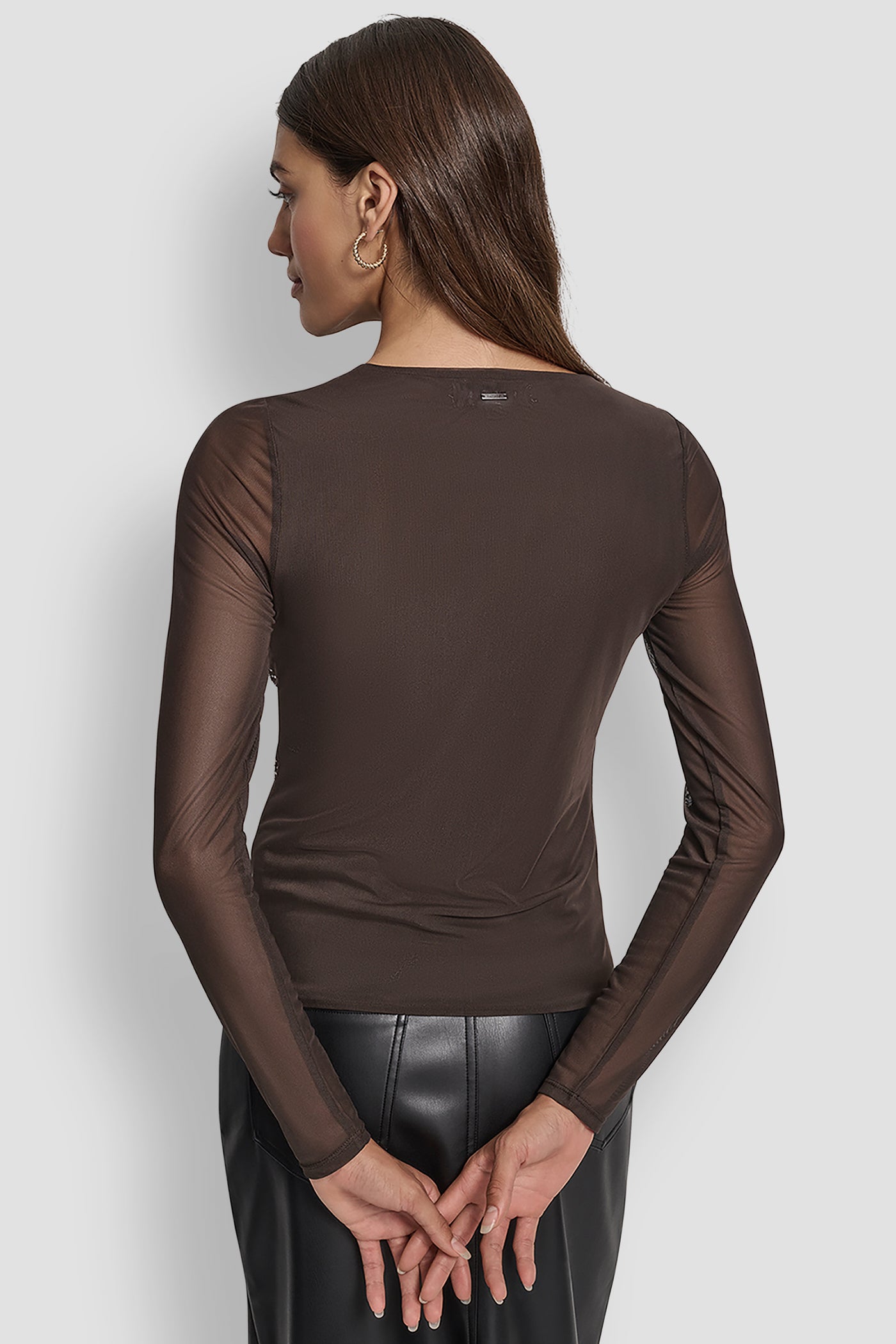 ESPRESSO/GUNMETAL DOME STUDS MESH LONG SLEEVE TOP, BACK VIEW | New Arrivals