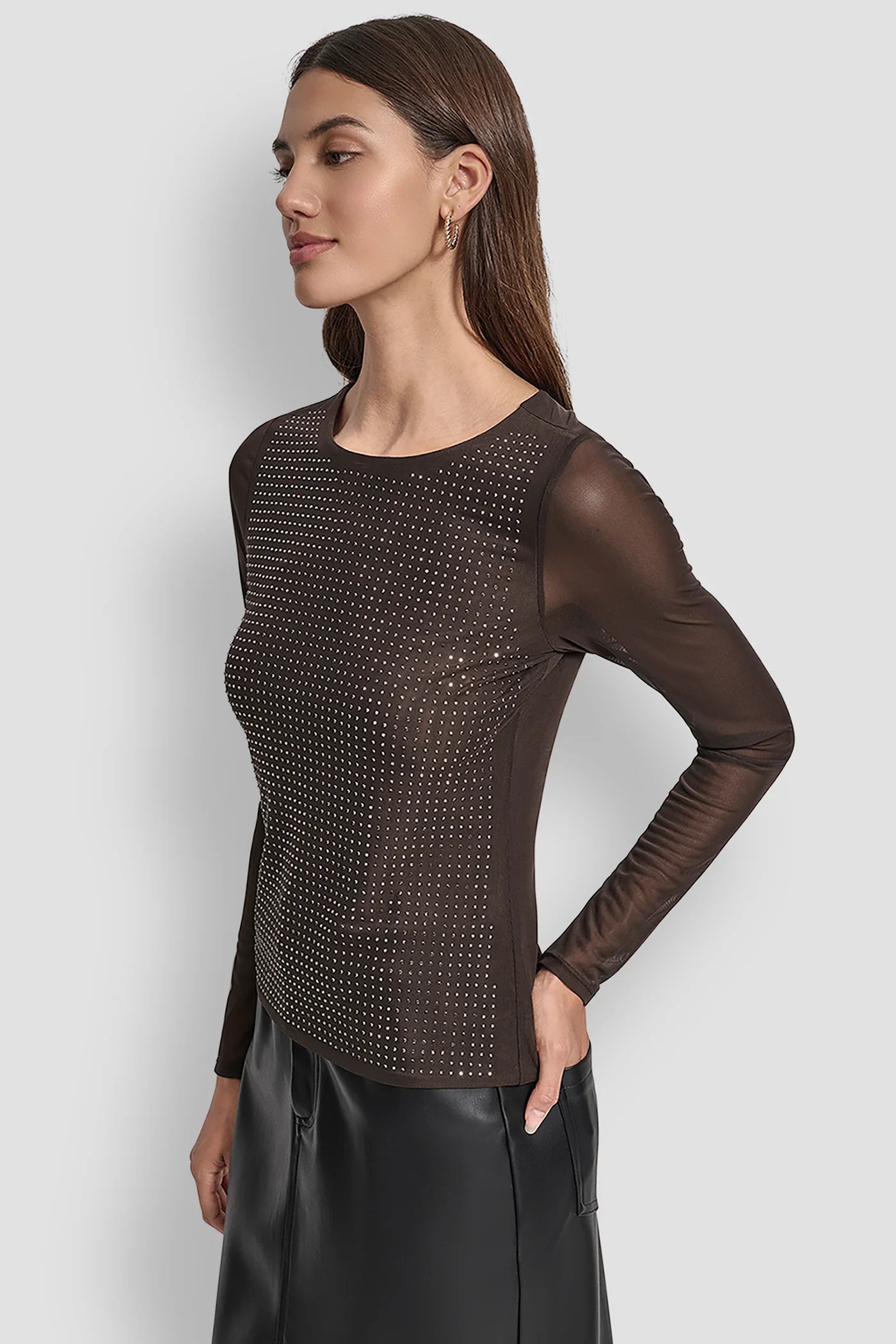 ESPRESSO/GUNMETAL STUDDED MESH TOP, VIEW 1 | SELECT STYLES