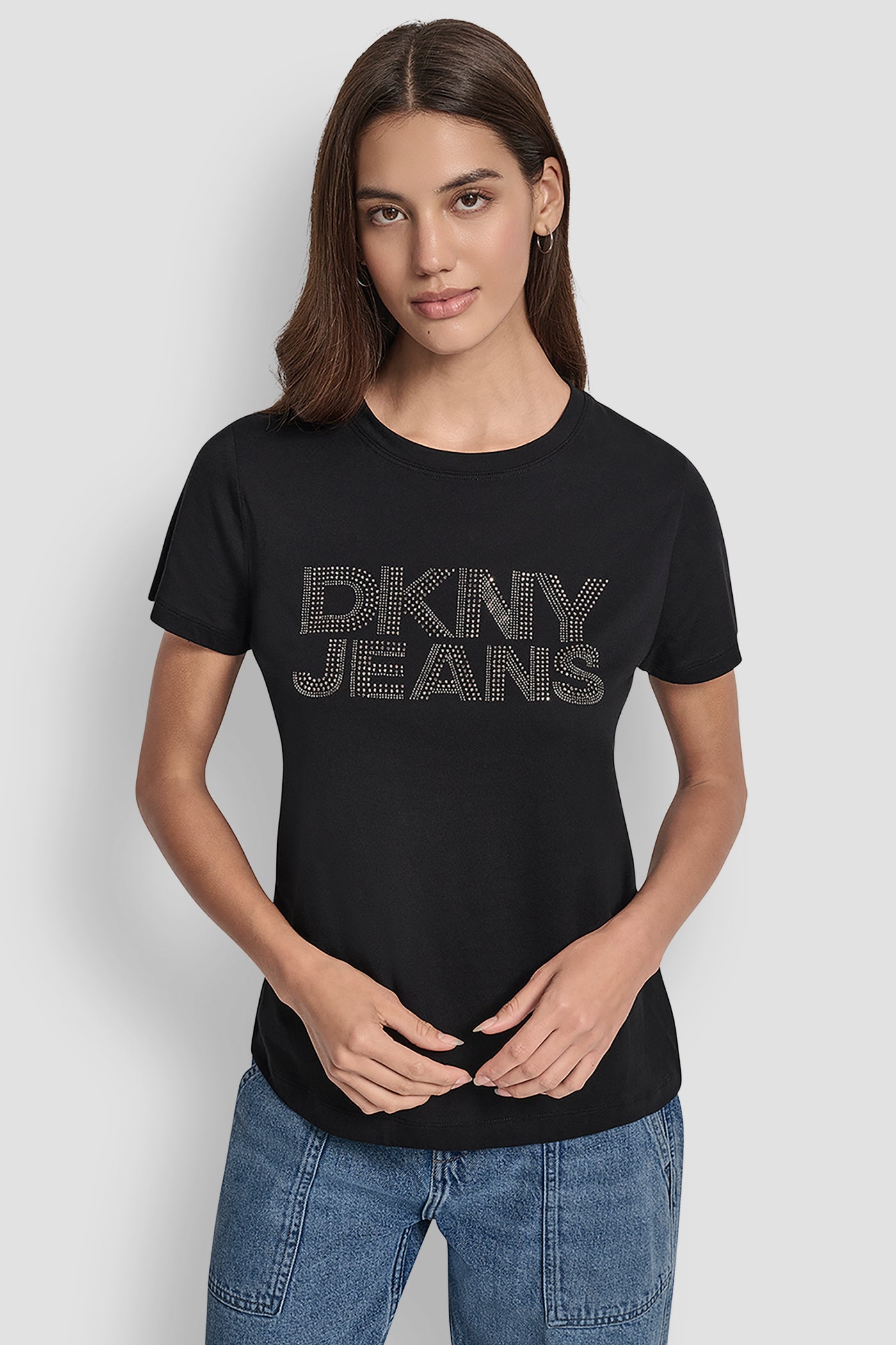 BLACK/GUNMETAL DKNY JEANS STACKED MIXED RHINESTONE LOGO CREW NECK, FRONT VIEW | New Arrivals