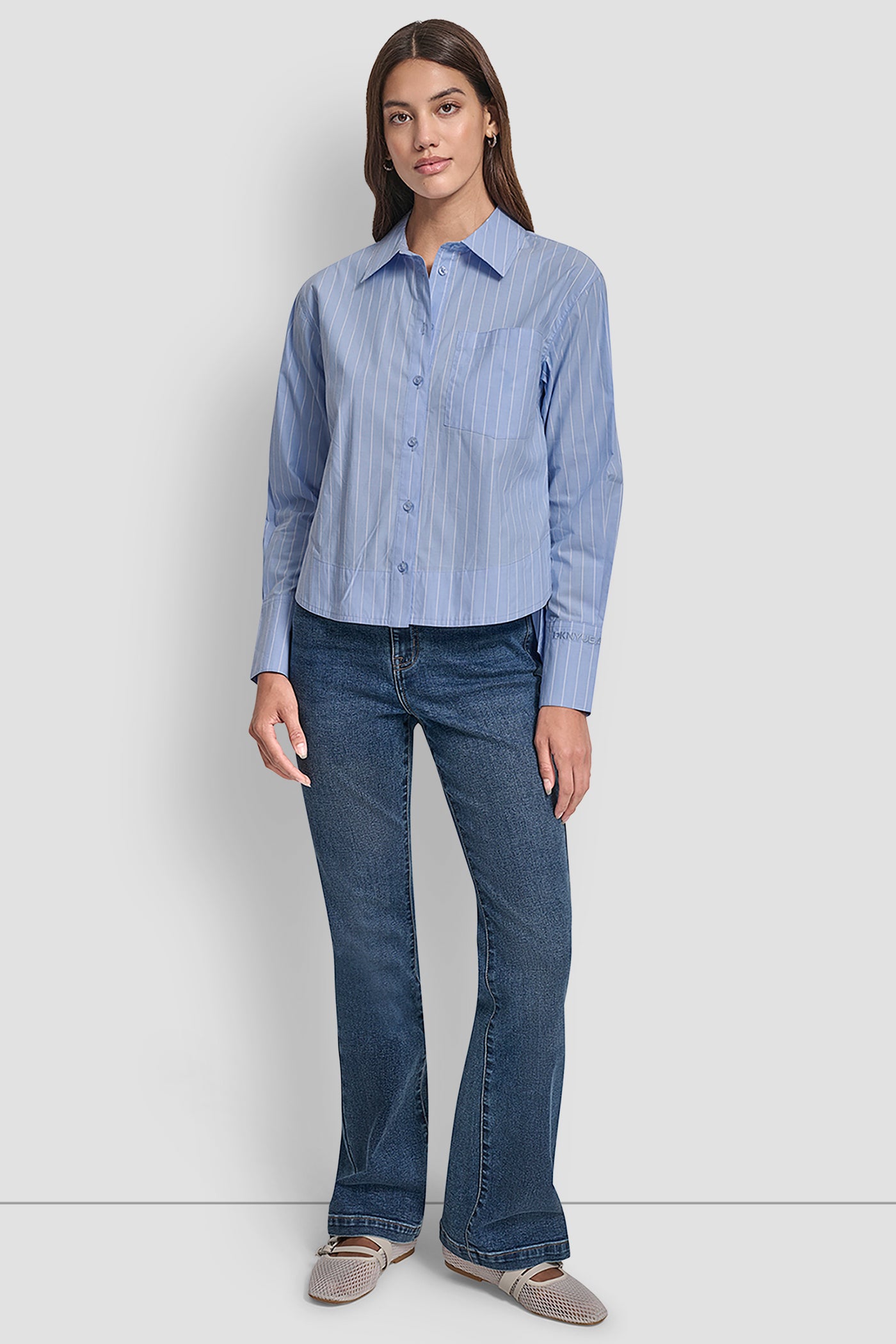 CROPPED LONG SLEEVE BUTTON FRONT SHIRT WITH EMBROIDERY LOGO VIEW 6 | New Arrivals