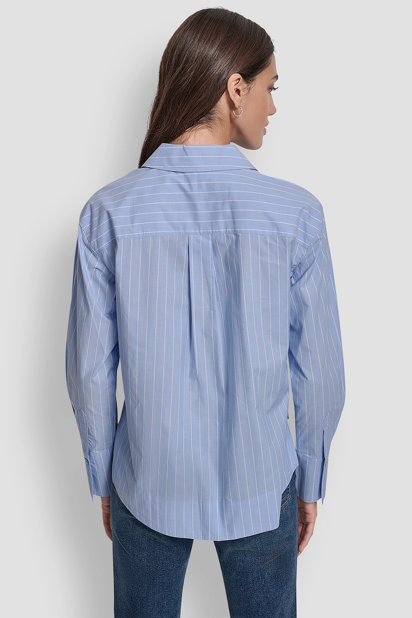 BALDWIN STRIPE/FROST BLUE CROPPED LONG SLEEVE BUTTON FRONT SHIRT WITH EMBROIDERY LOGO, BACK VIEW | New Arrivals