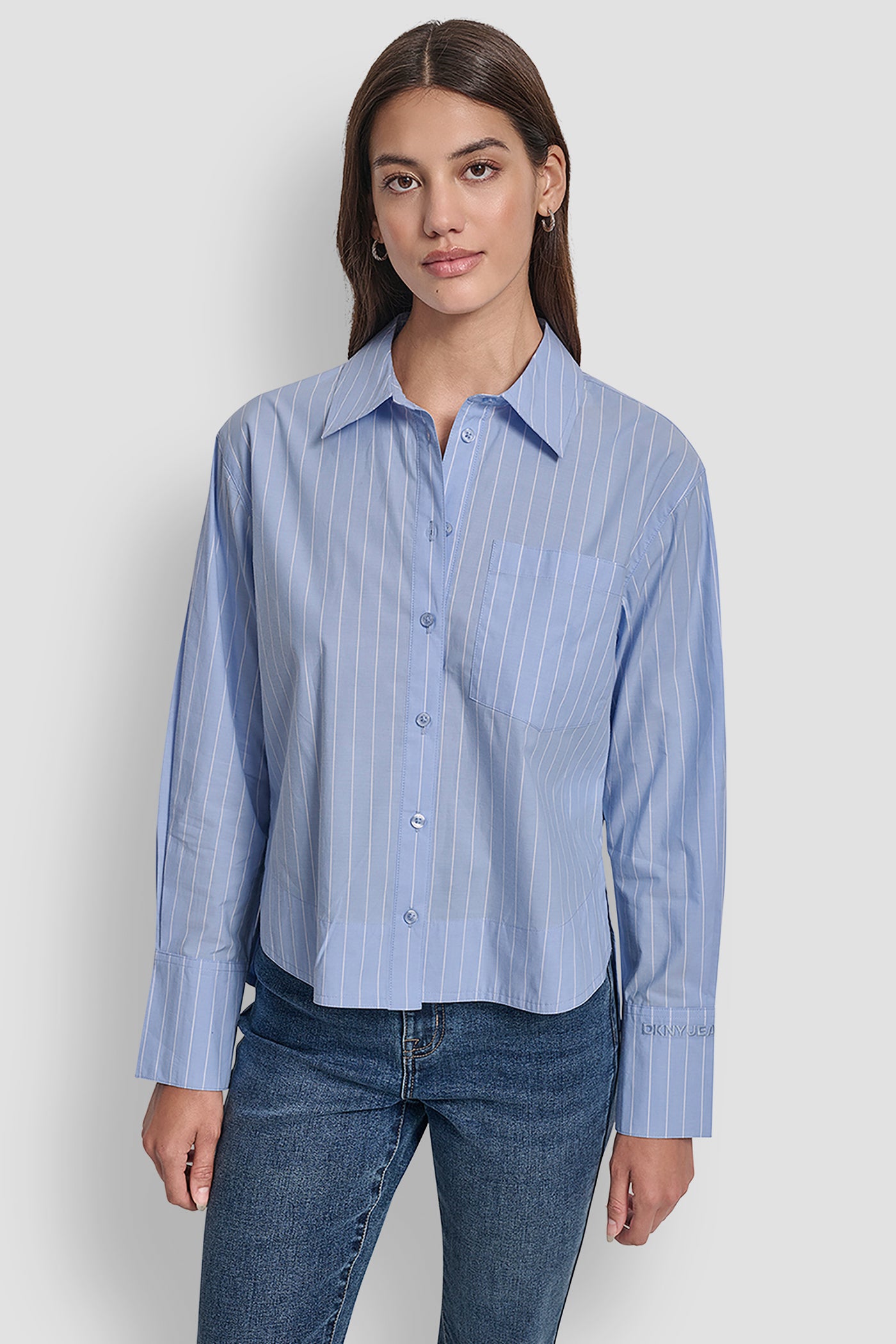 BALDWIN STRIPE/FROST BLUE CROPPED LONG SLEEVE BUTTON FRONT SHIRT WITH EMBROIDERY LOGO, FRONT VIEW | New Arrivals