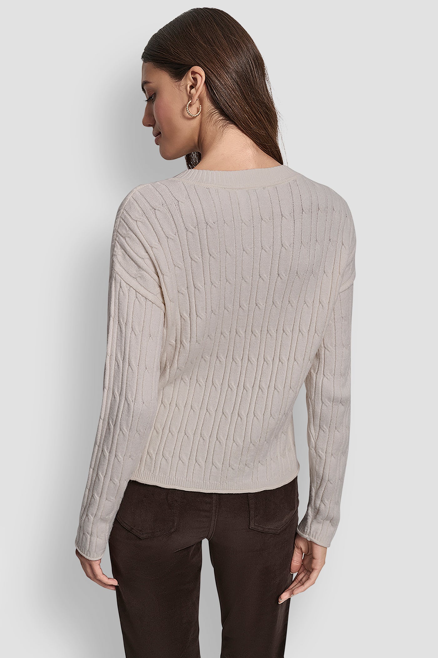EGGNOG CABLE LONG SLEEVE CREW NECK WITH BABY ROLL AT HEM, BACK VIEW | New Arrivals