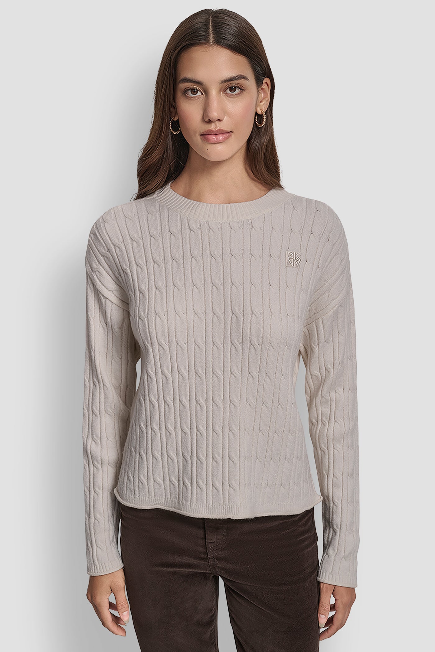 EGGNOG CABLE LONG SLEEVE CREW NECK WITH BABY ROLL AT HEM, FRONT VIEW | New Arrivals