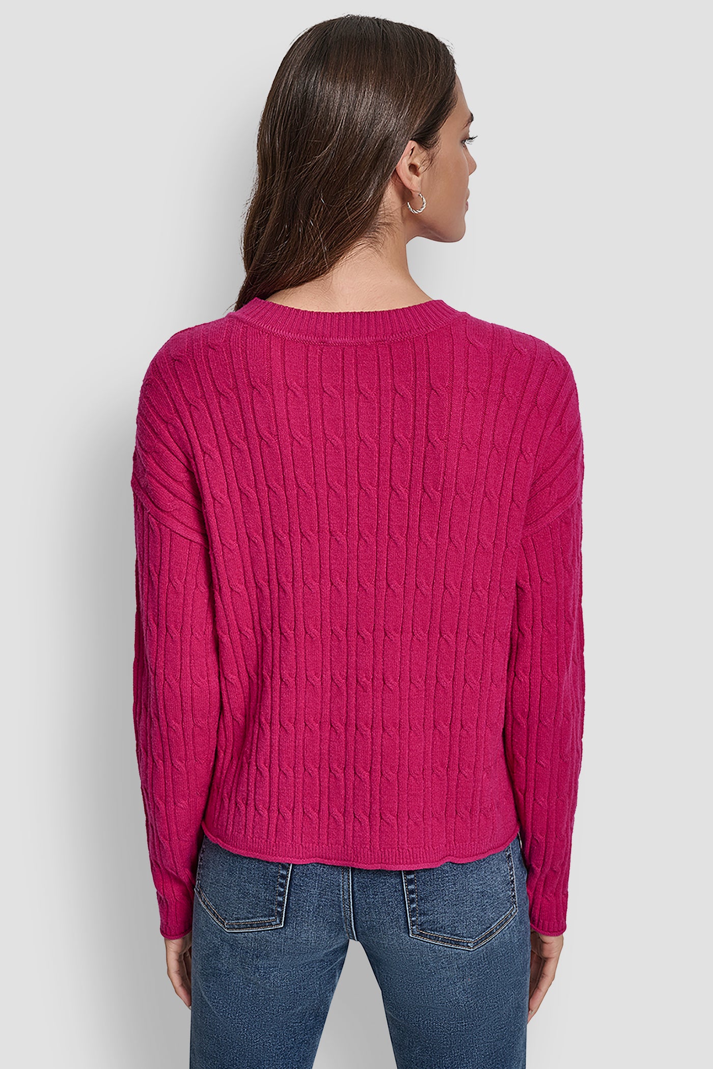 Pink CABLE LONG SLEEVE CREW NECK WITH BABY ROLL AT HEM, BACK VIEW | New Arrivals