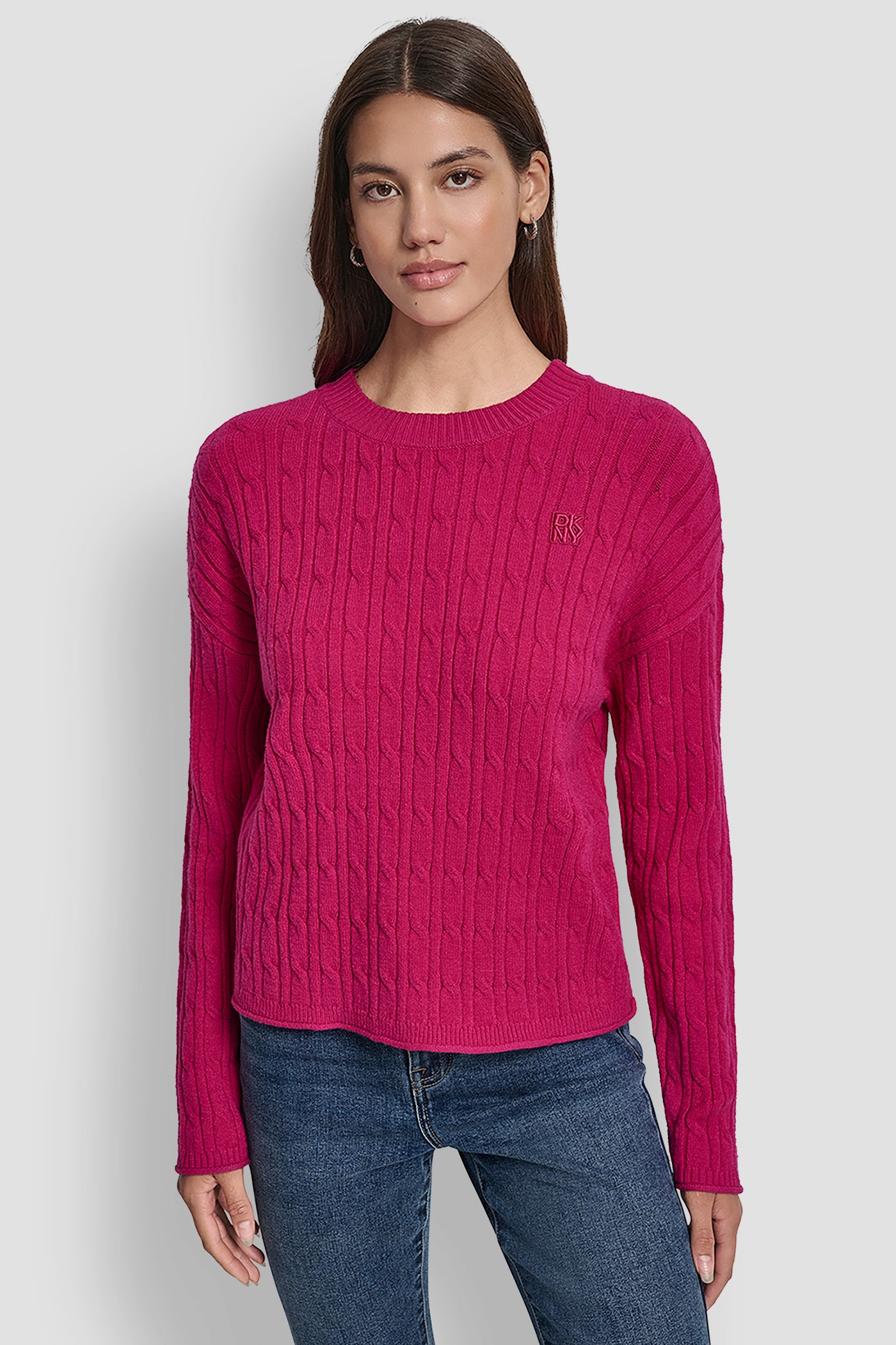 Pink CABLE LONG SLEEVE CREW NECK WITH BABY ROLL AT HEM, FRONT VIEW | New Arrivals