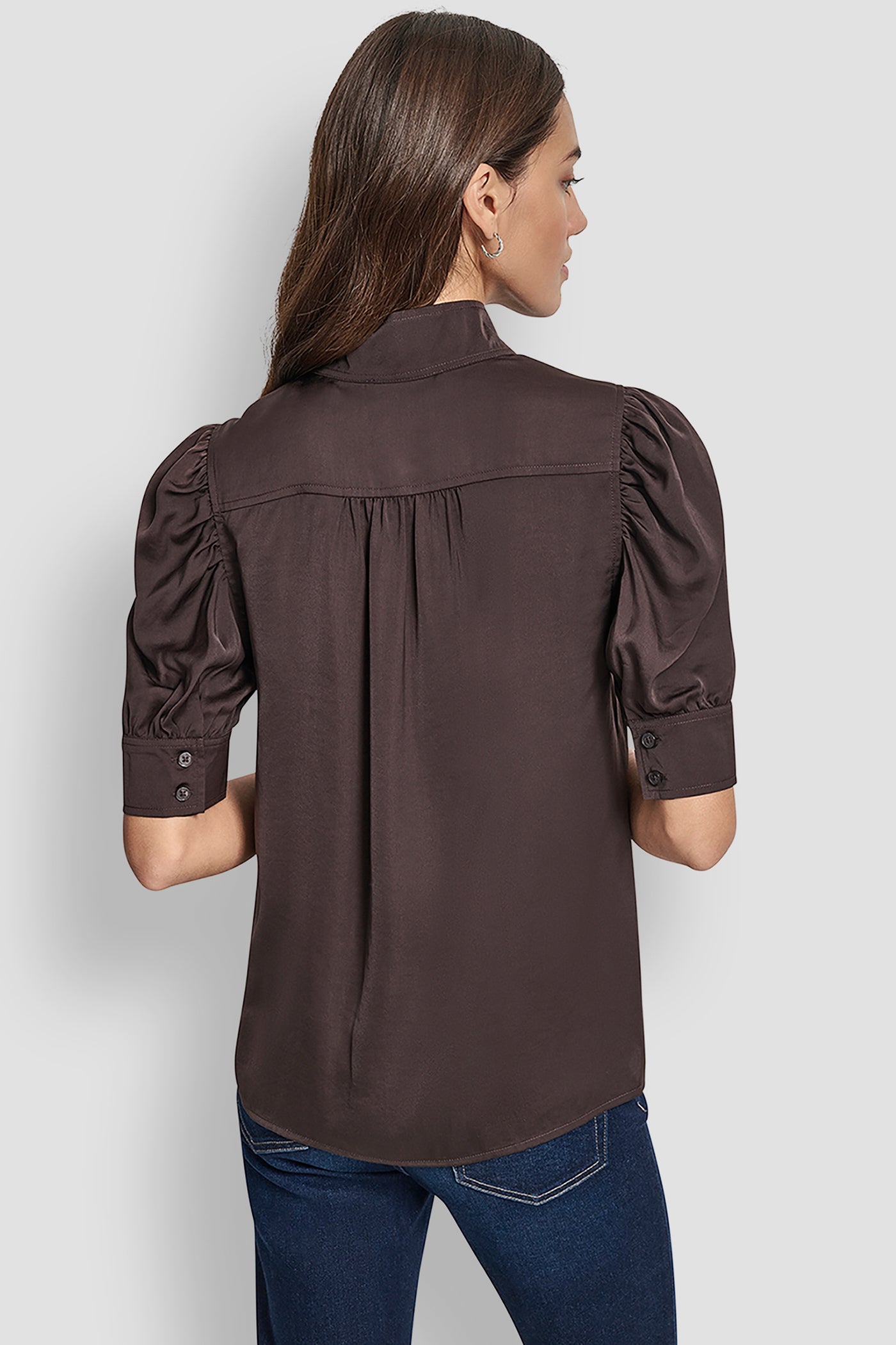 ESPRESSO PUFF SLEEVE SHIRT WITH STAND COLLAR, VIEW 2 | New Arrivals