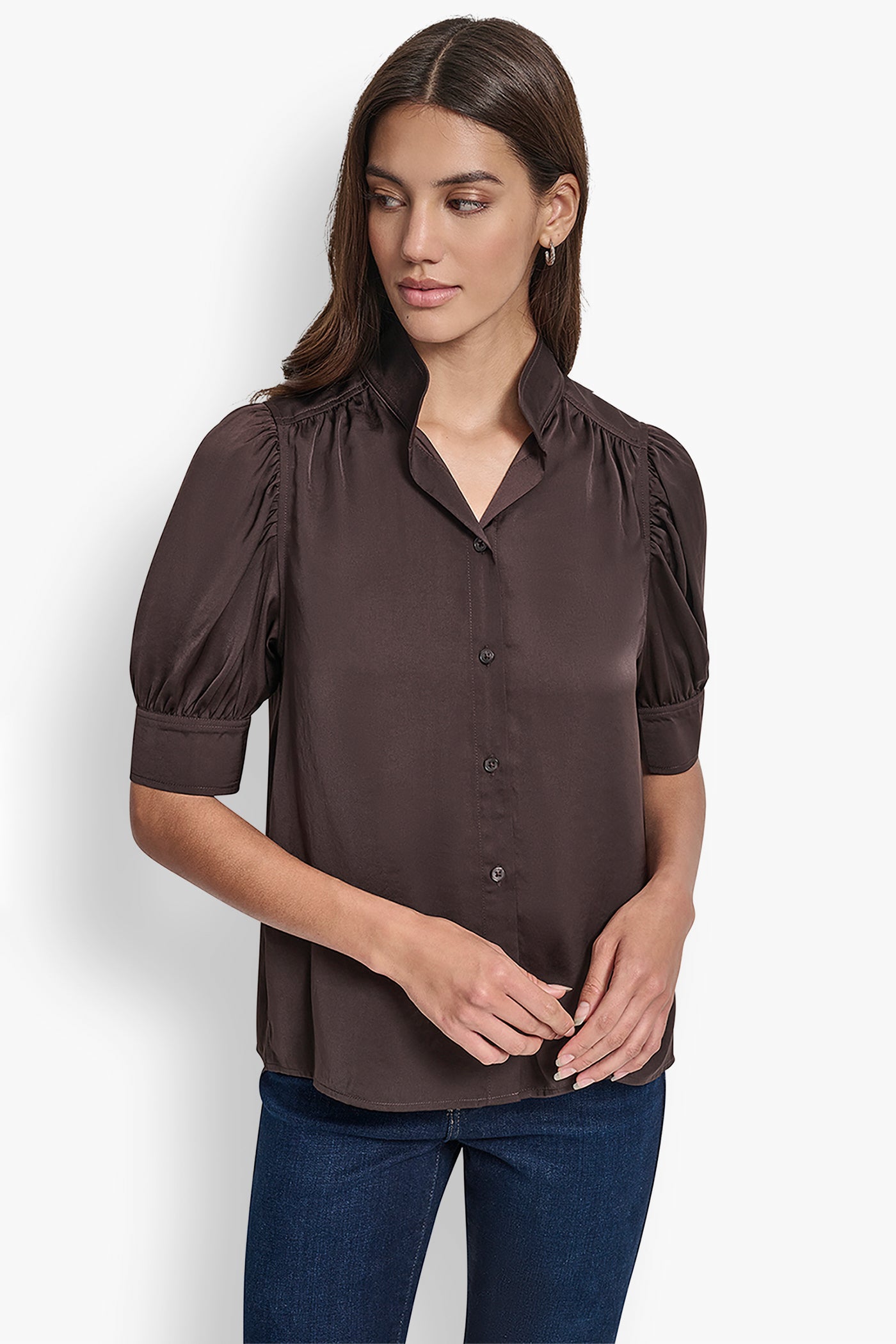 ESPRESSO PUFF SLEEVE SHIRT WITH STAND COLLAR, VIEW 1 | New Arrivals