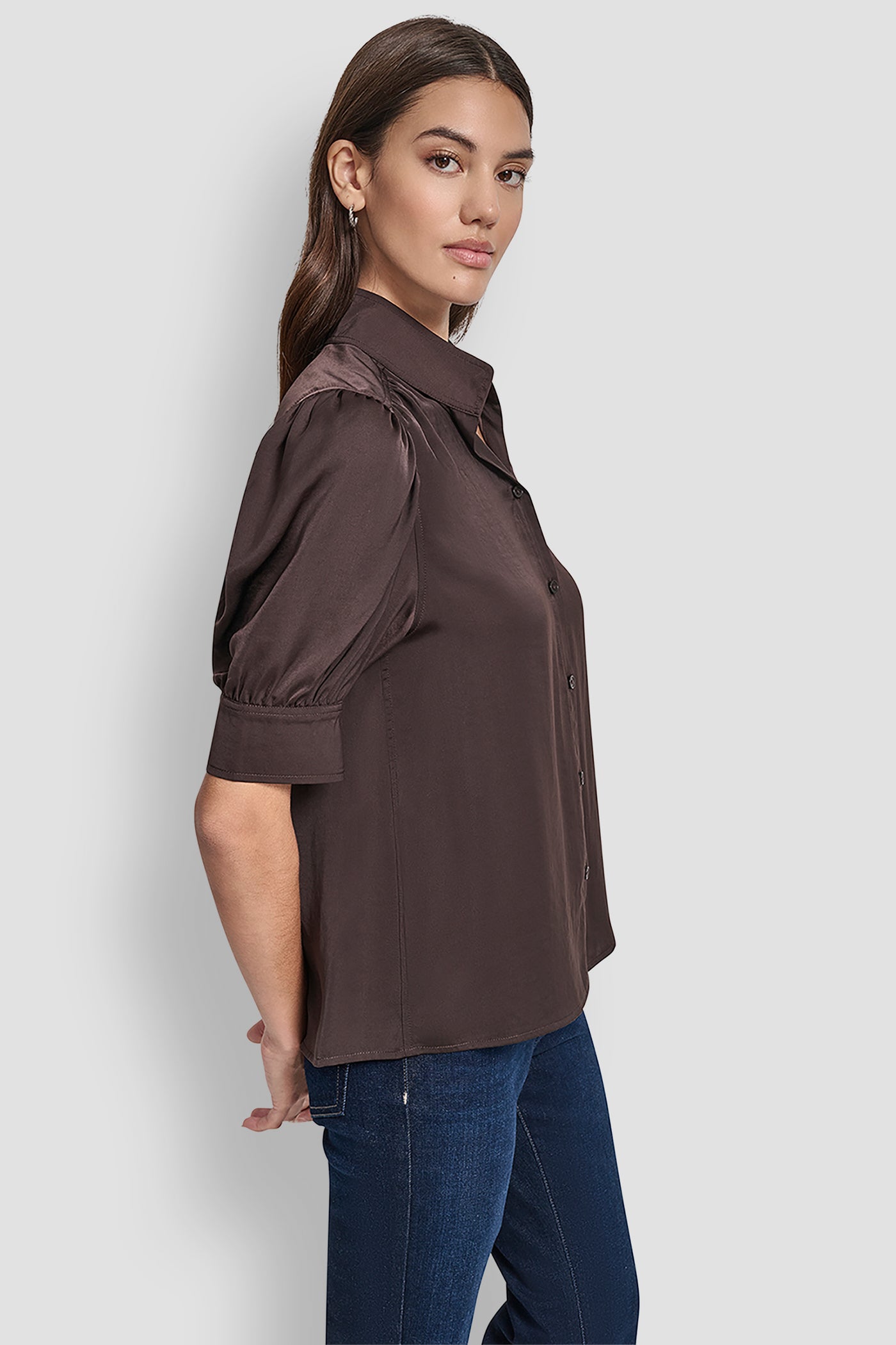 PUFF SLEEVE SHIRT WITH STAND COLLAR VIEW 3 | Clothing