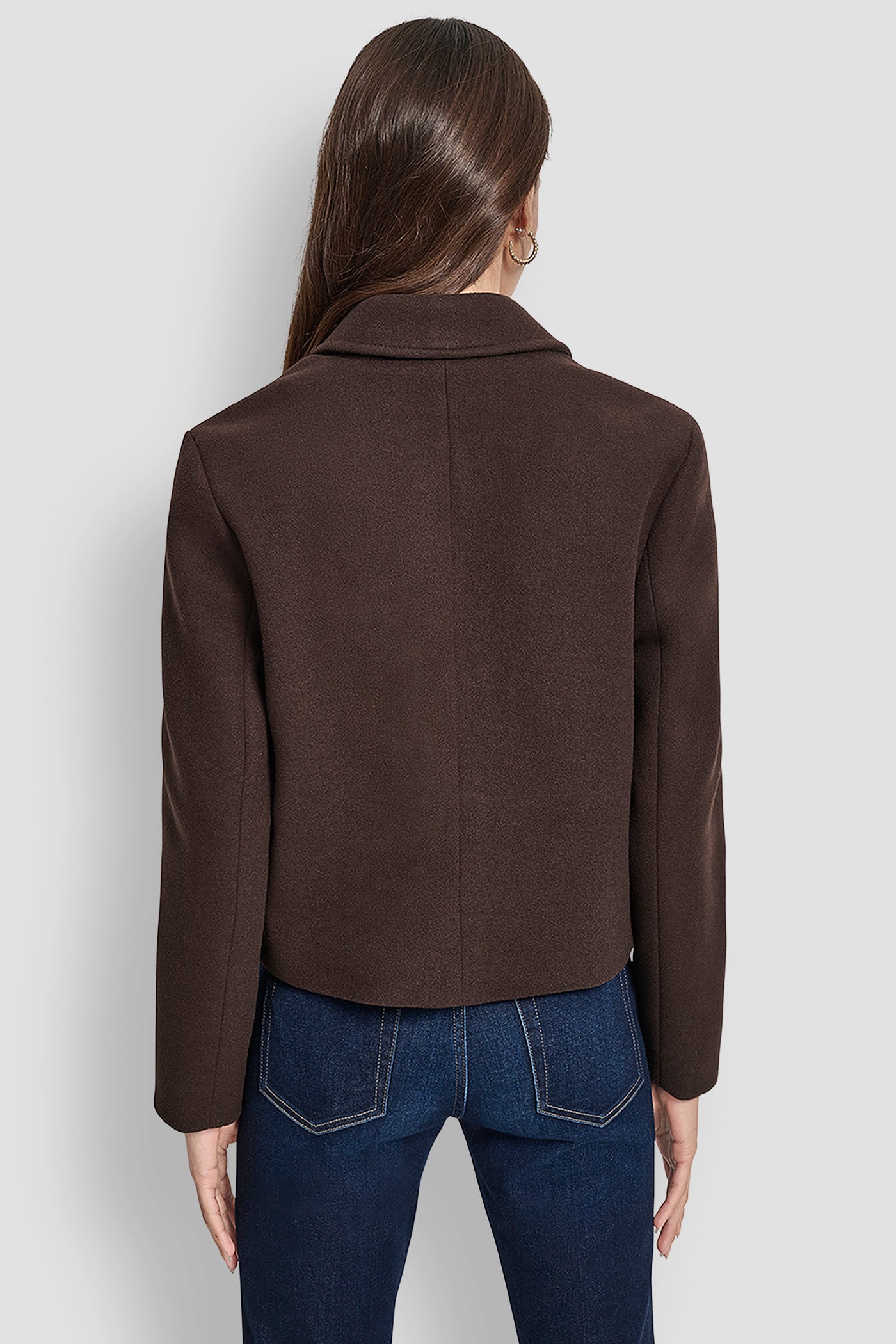 ESPRESSO BUTTON FRONT CROPPED JACKET WITH FLAP POCKETS, BACK VIEW | WOMENS COATS & JACKETS