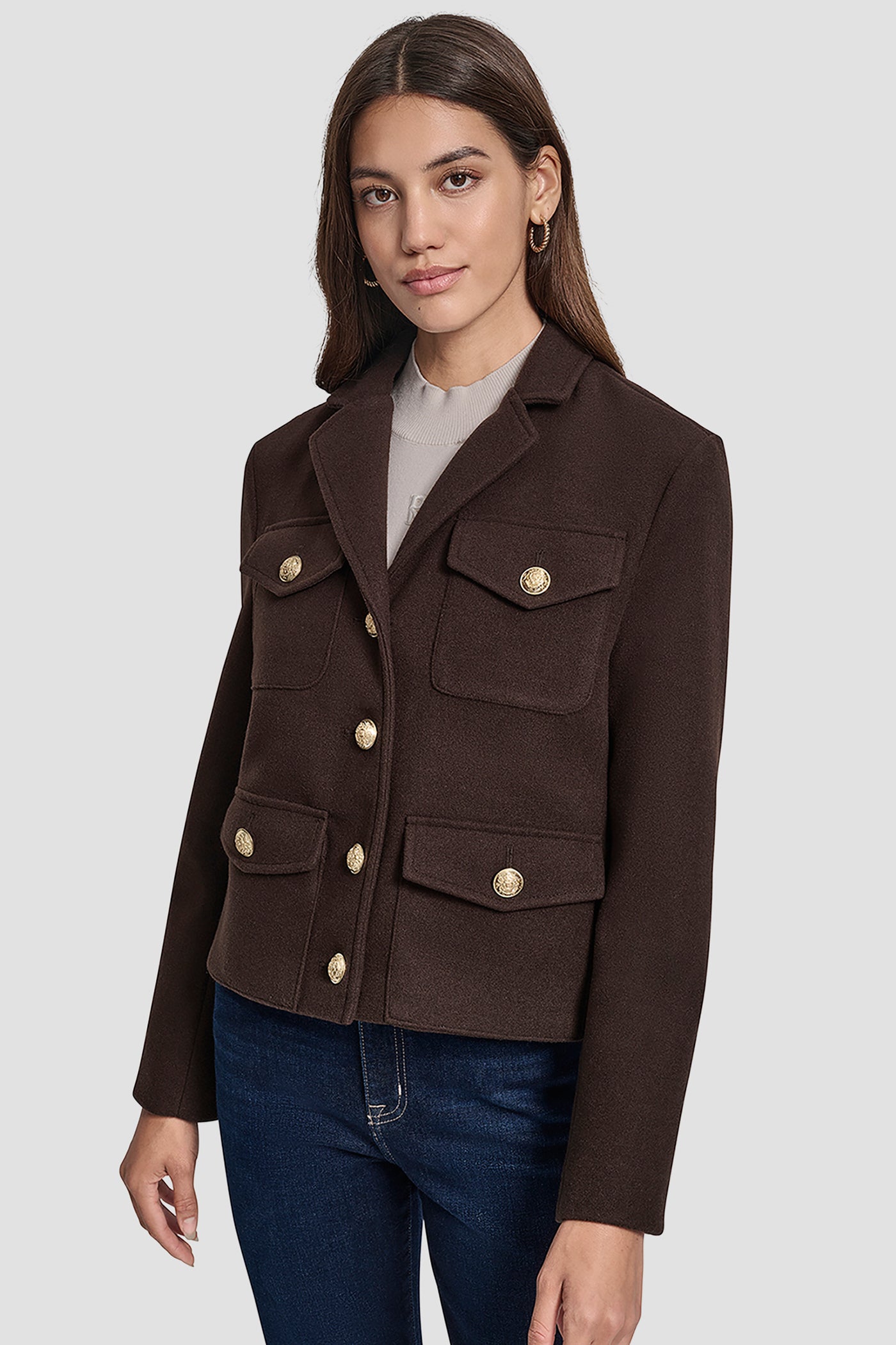 ESPRESSO BUTTON FRONT CROPPED JACKET WITH FLAP POCKETS, FRONT VIEW | WOMENS COATS & JACKETS