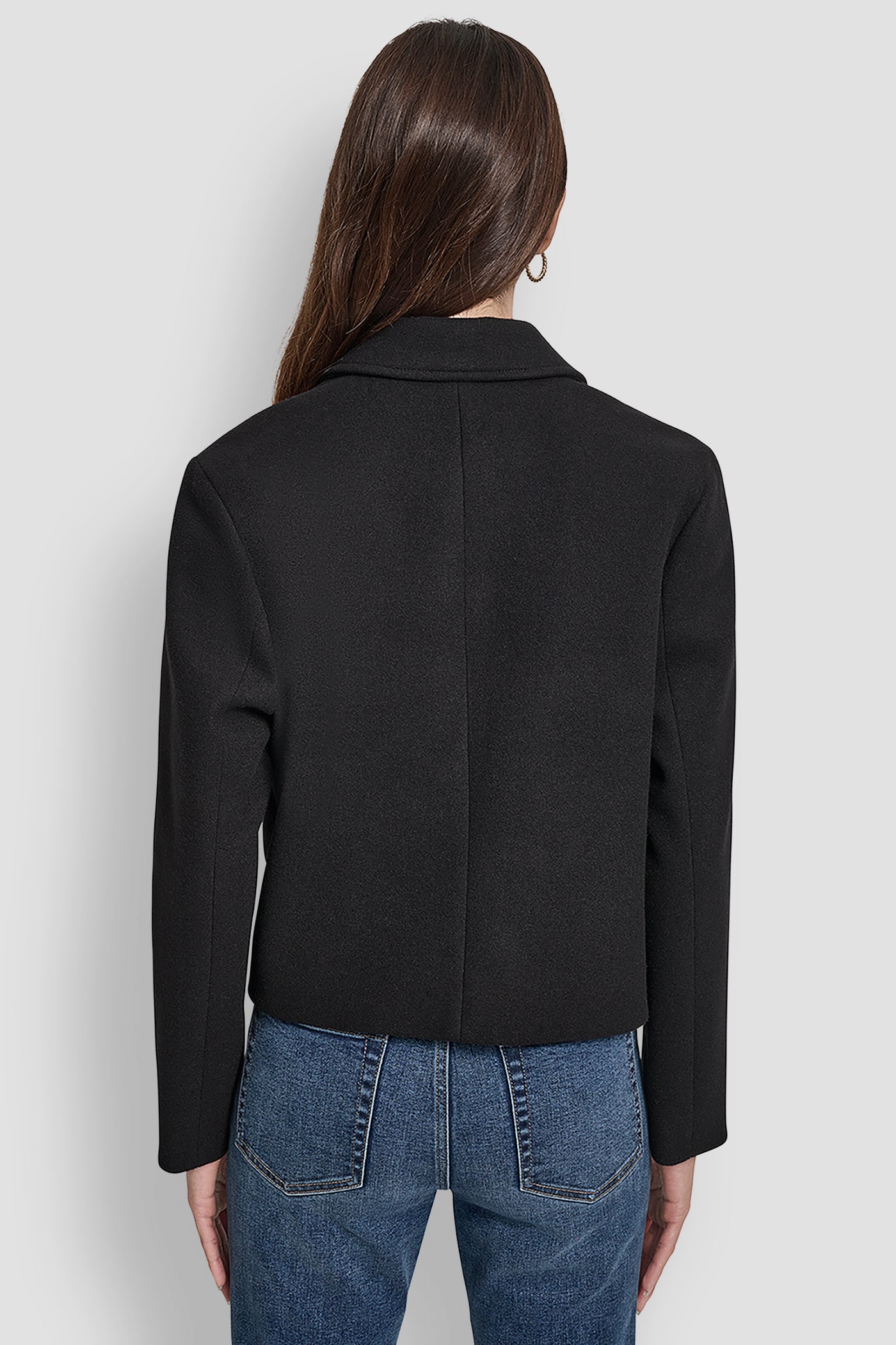 Black BUTTON FRONT CROPPED JACKET WITH FLAP POCKETS, BACK VIEW | WOMENS COATS & JACKETS