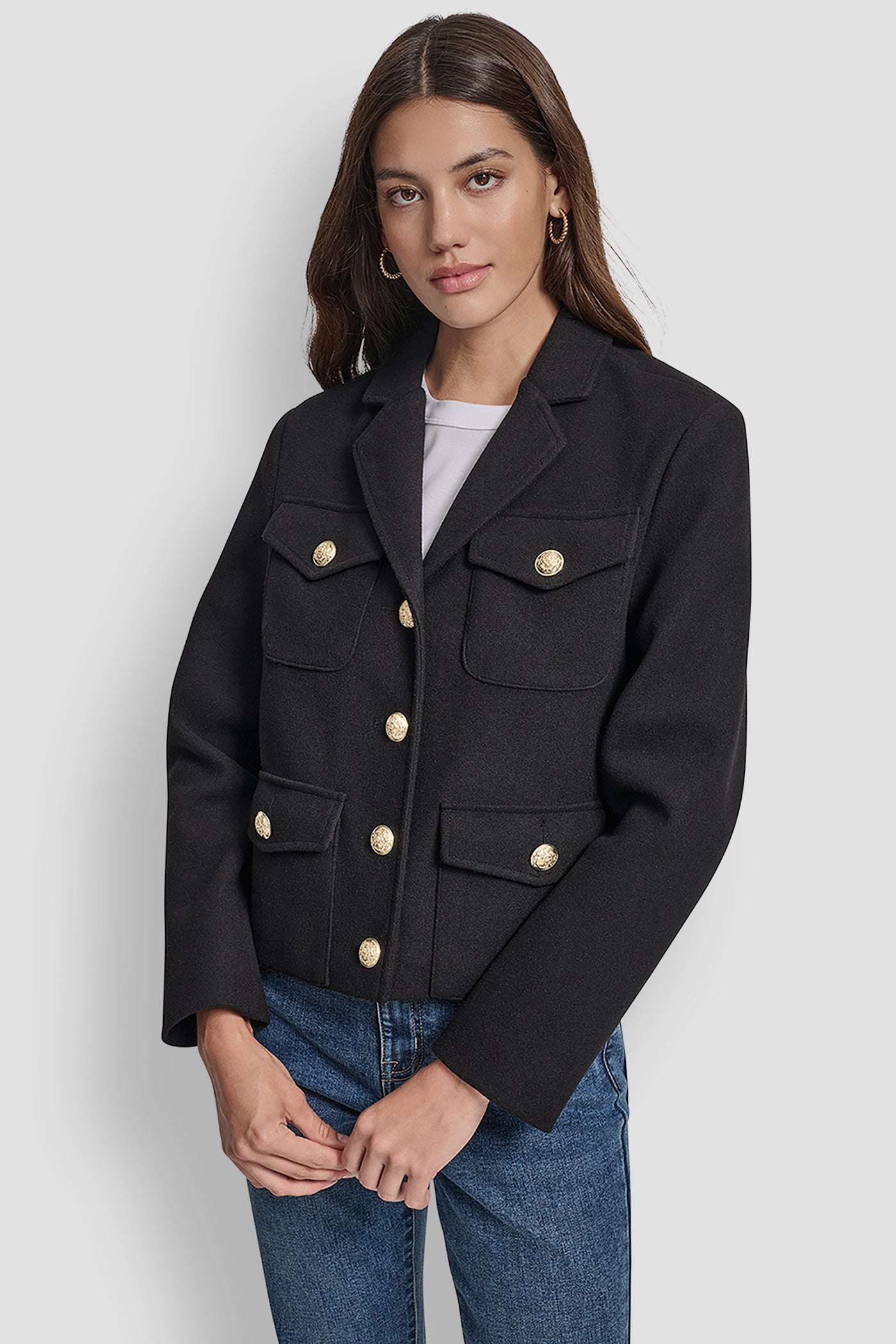 Black BUTTON FRONT CROPPED JACKET WITH FLAP POCKETS, FRONT VIEW | WOMENS COATS & JACKETS