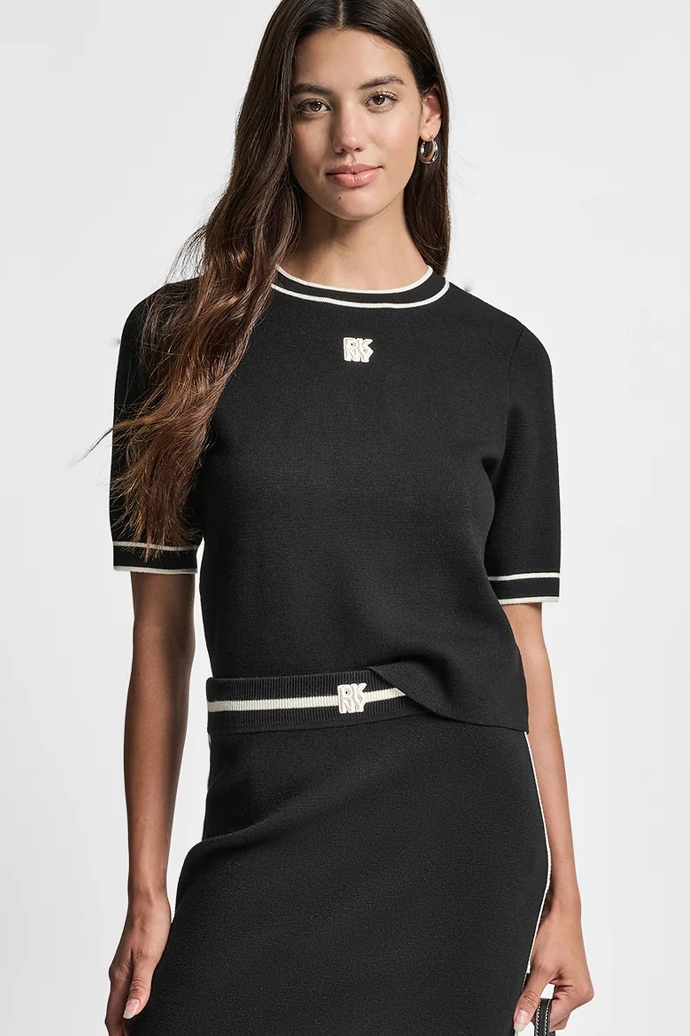 BLACK CROPPED COLOR BLOCK ELBOW SLEEVE WITH LOGO PATCH, VIEW 1 | Back-To-School Shop