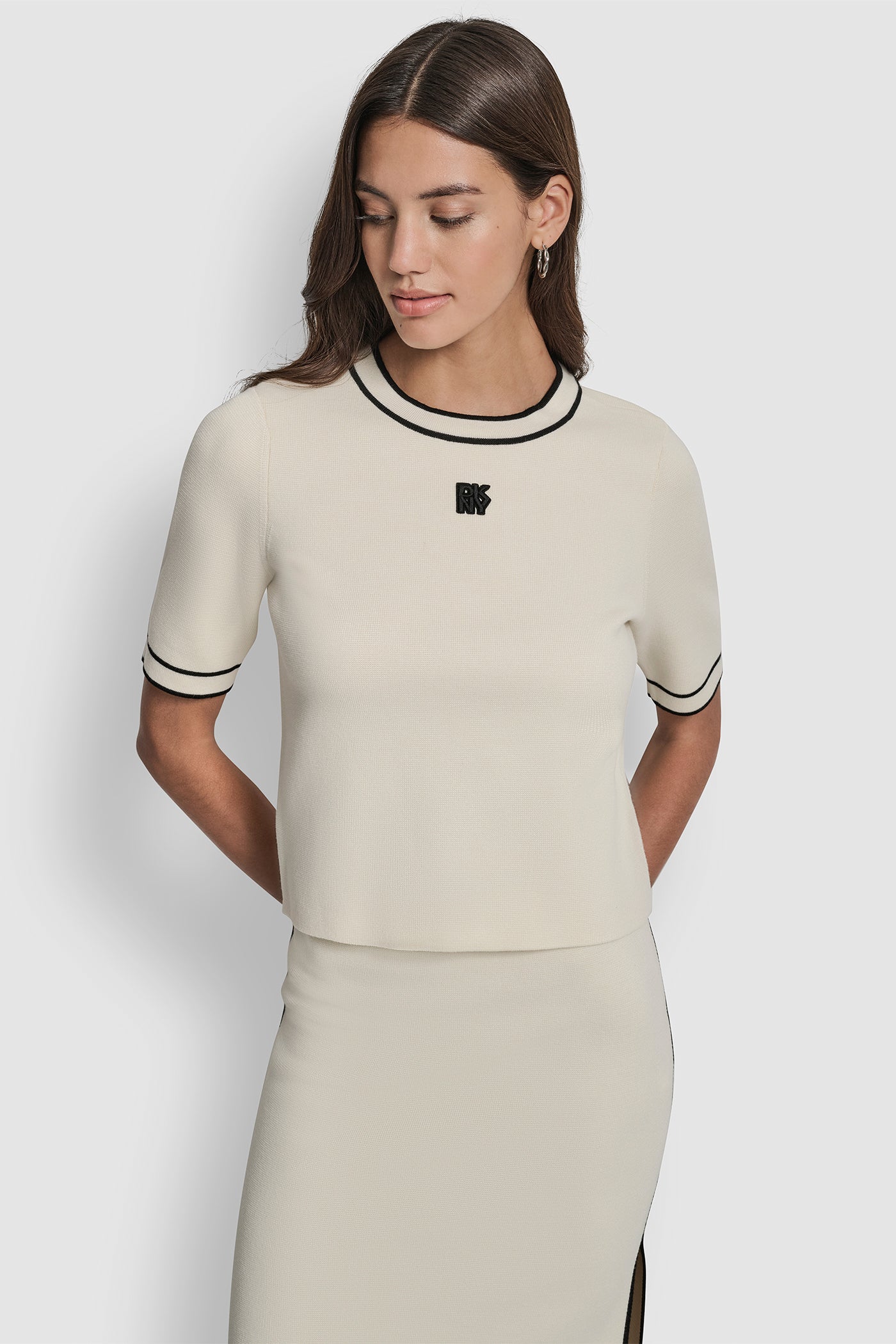 EGGNOG/BLACK CROPPED COLOR BLOCK ELBOW SLEEVE WITH LOGO PATCH, VIEW 1 | New Arrivals