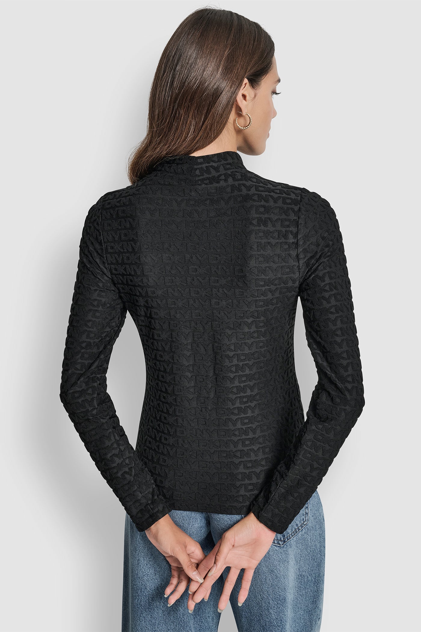 Black LOGO JACQUARD  LONG SLEEVE MOCK NECK TEE, BACK VIEW | New Arrivals
