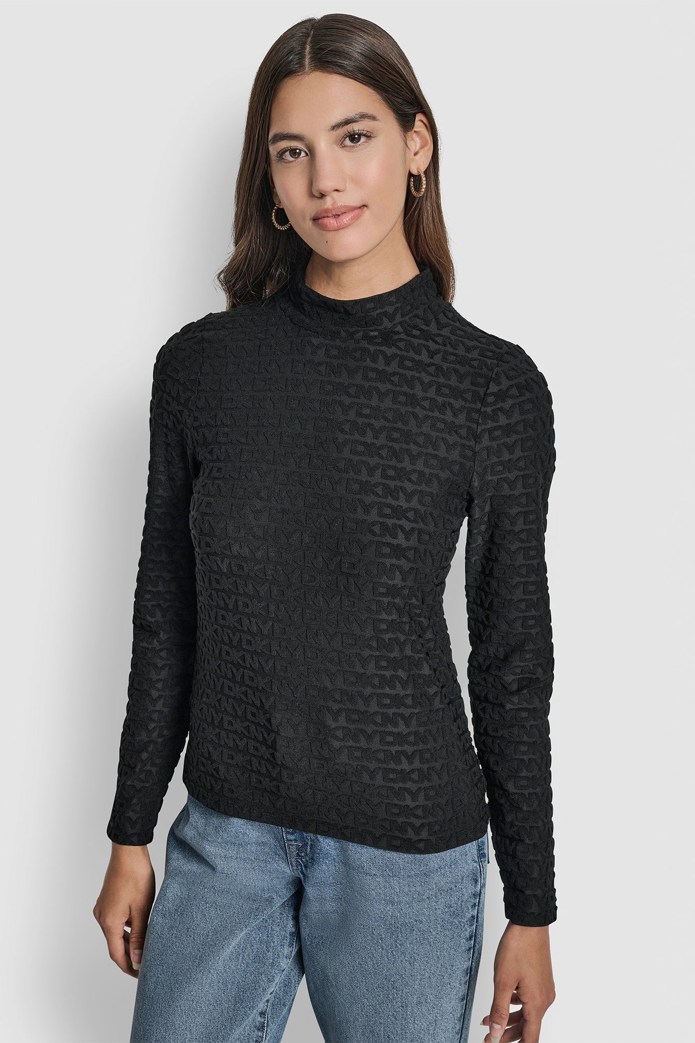 Black LOGO JACQUARD  LONG SLEEVE MOCK NECK TEE, FRONT VIEW | New Arrivals