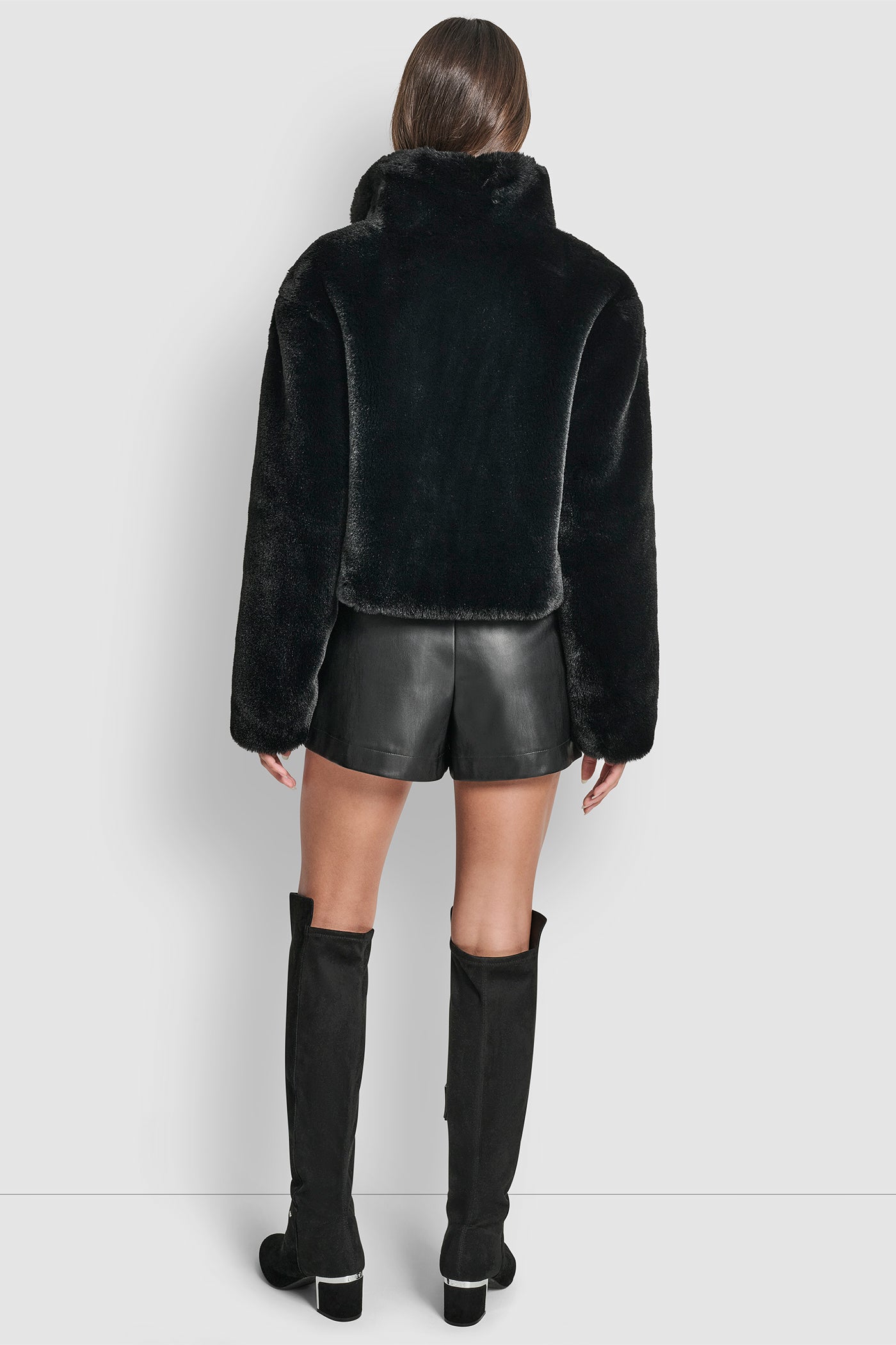Black CROPPED FAUX FUR JACKET, BACK VIEW | DKNY Promo